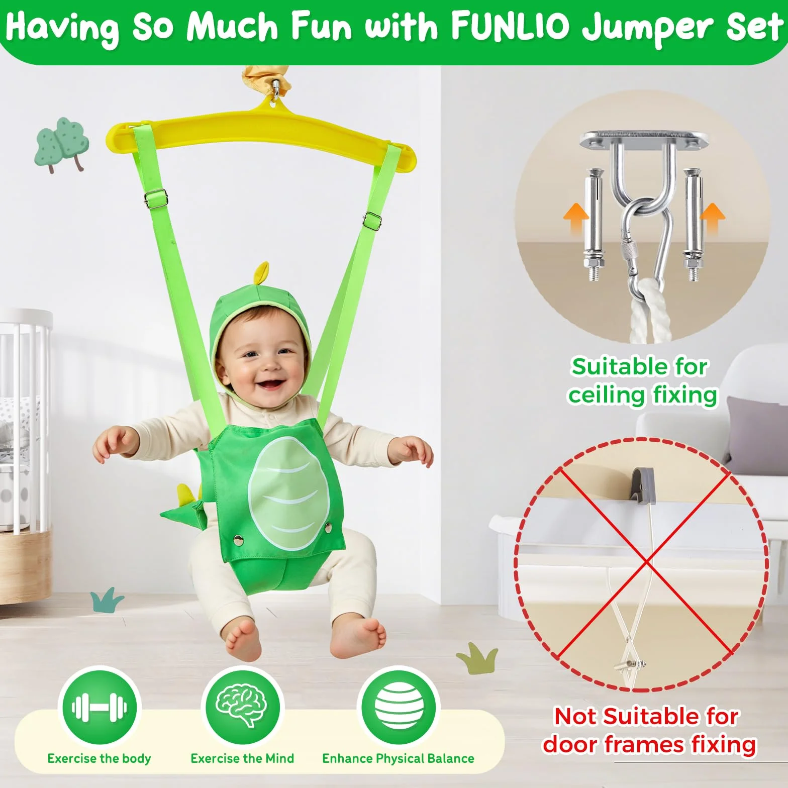 FUNLIO Baby Jumper con gancio da soffitto per 6–24 mesi, jumper da porta per interni ed esterni, con catena regolabile, facile da montare e riporre (con gancio da soffitto) – Dinosauro Verde