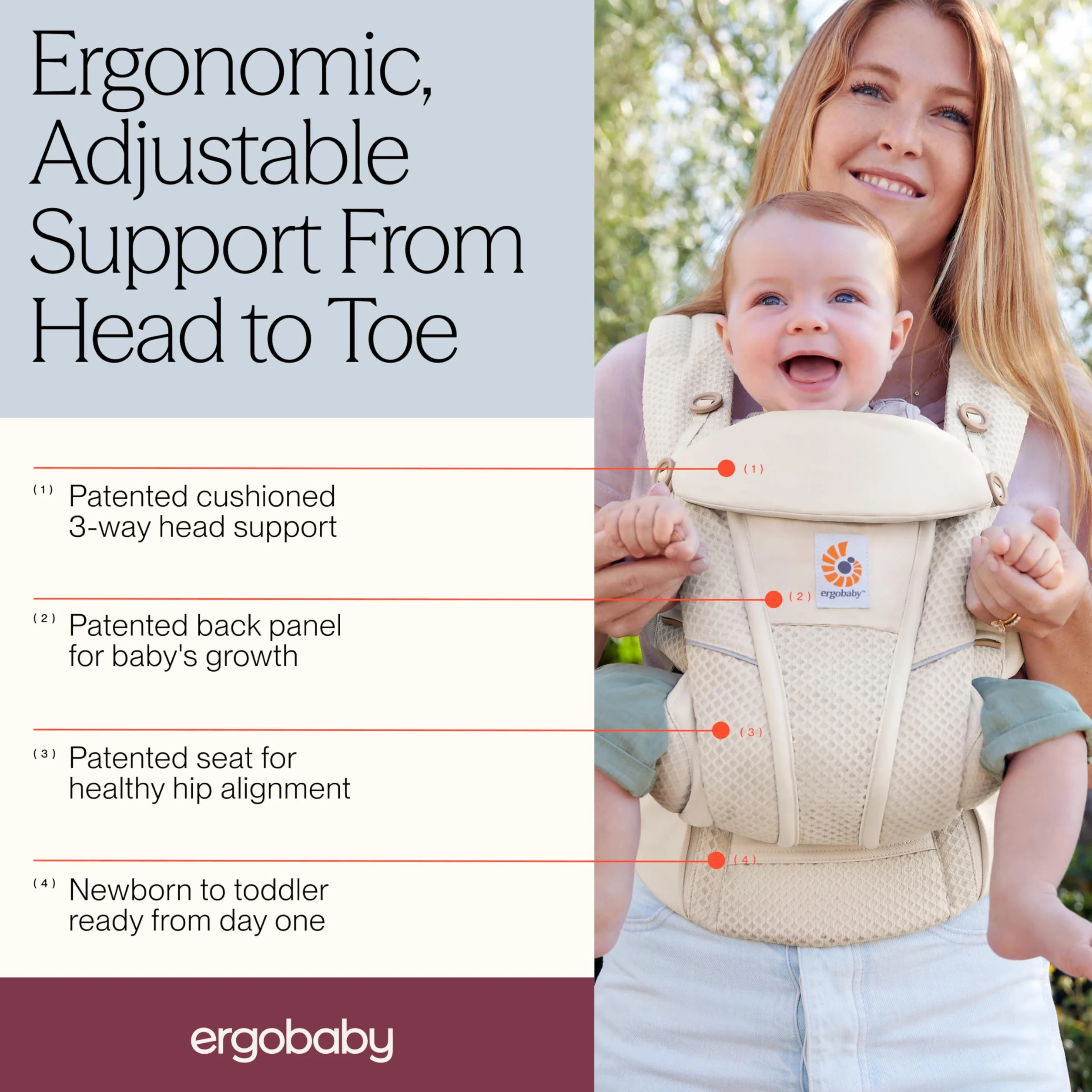 Marsupio Ergobaby Omni Breeze per neonati, 4 posizioni SoftFlex Mesh marsupio anteriore ergonomico marsupio posteriore per neonati (Pearl Grey)