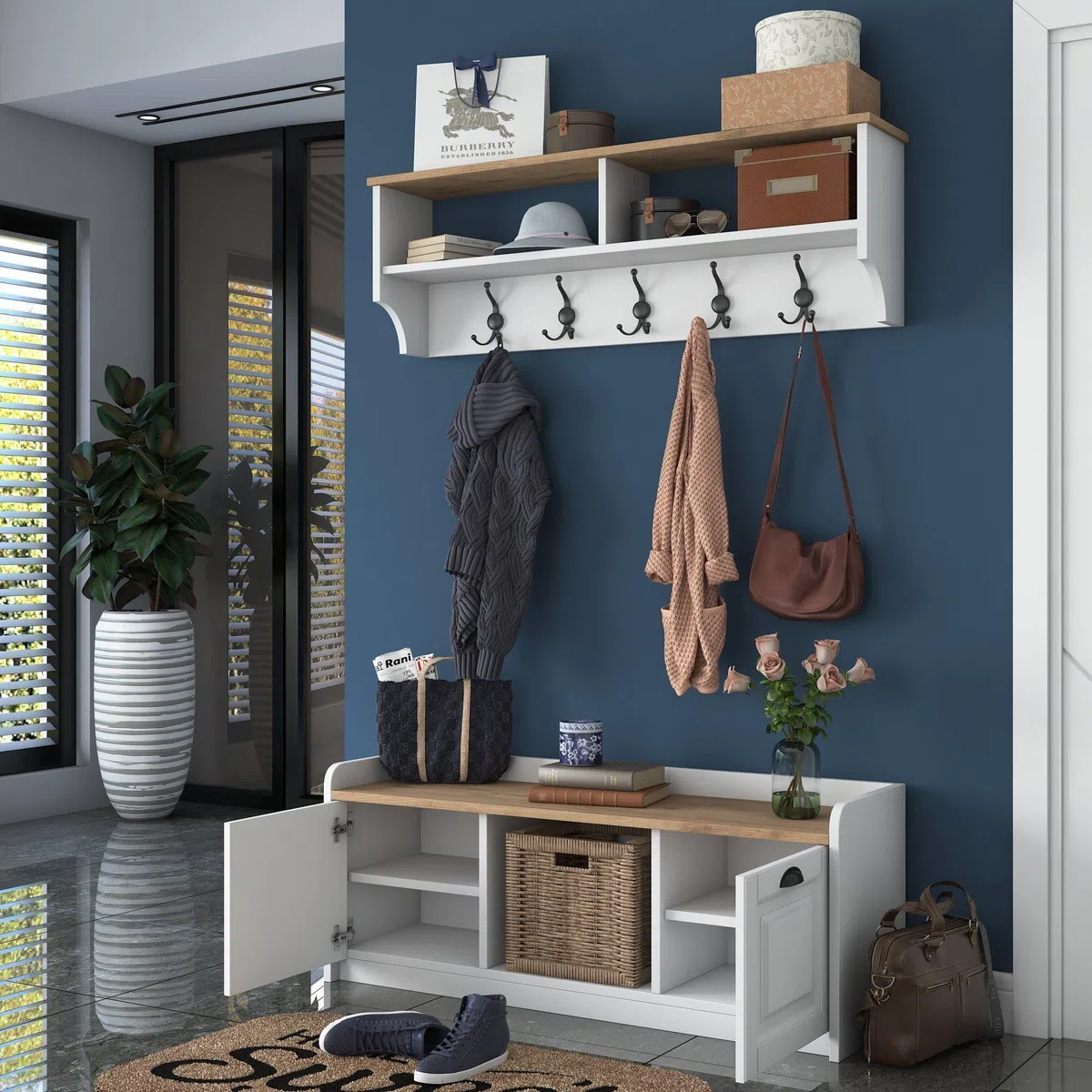 Dmora Mobile da Ingresso Karola 120x22x37h cm Bianco 6 Ripiani Appendiabiti, Modulabile