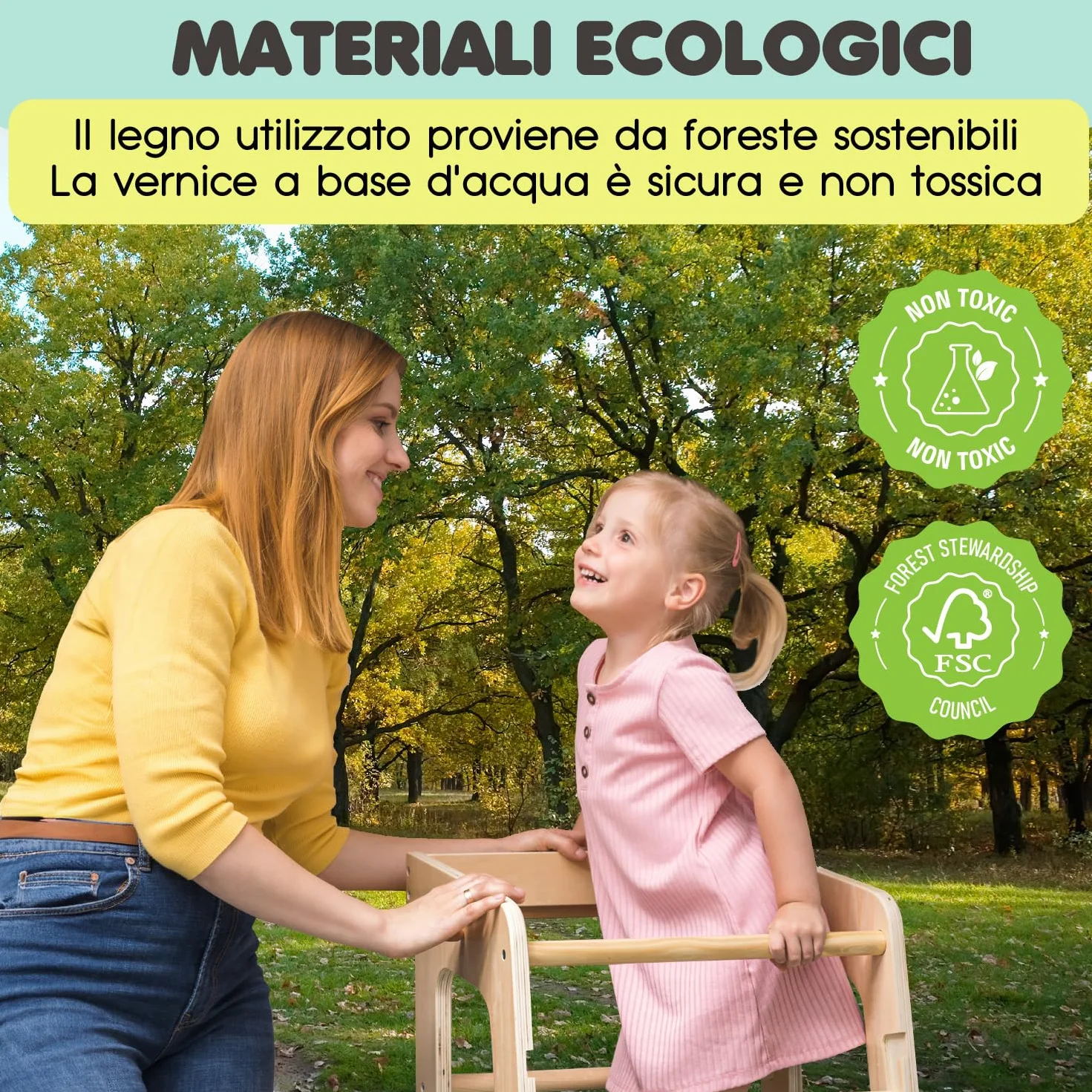 Torre Montessoriana bambini legno naturale 3 livelli Antiscivolo Anti ribaltamento Doppia barra sicurezza CE