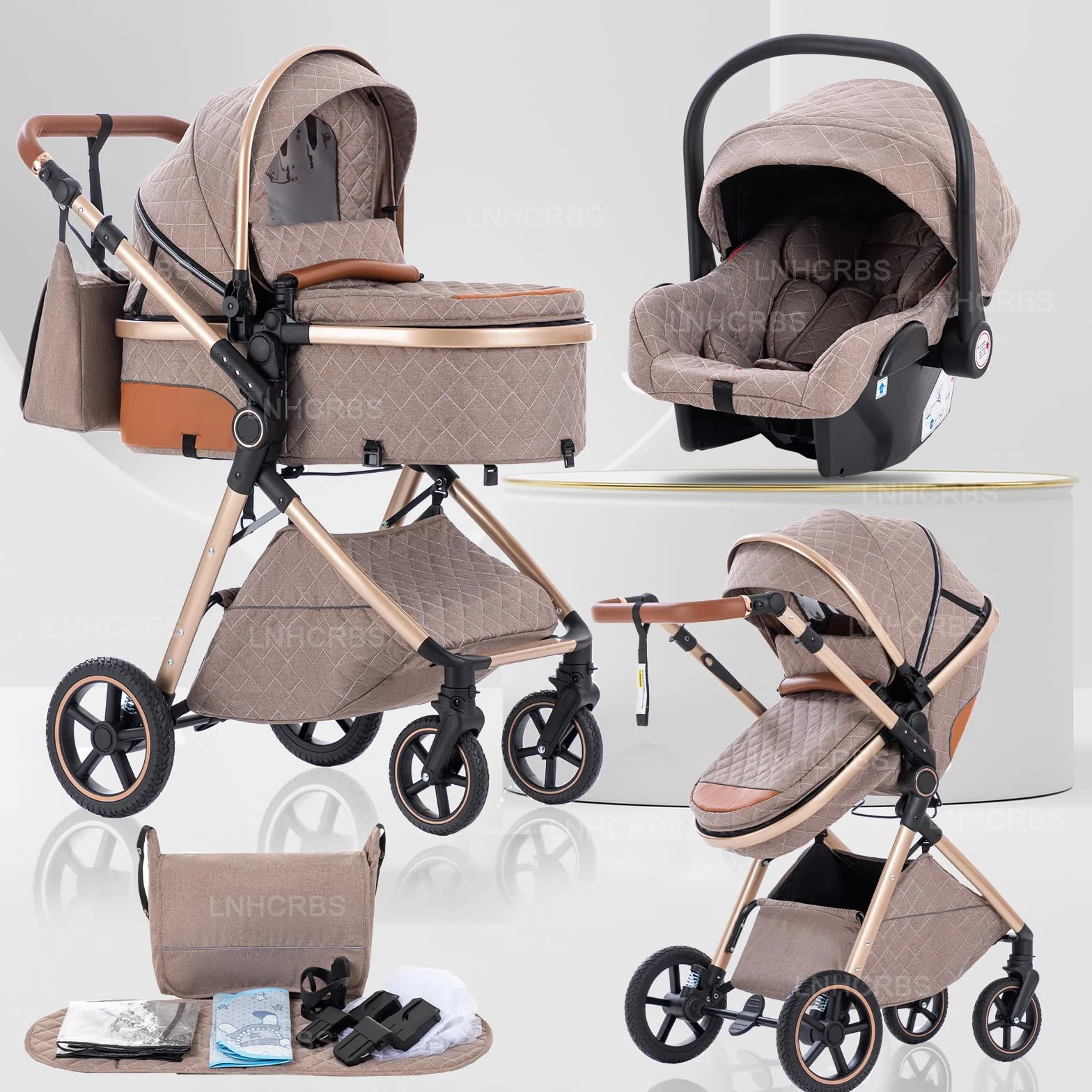 Passeggino 3 in 1 Trio Sistema di Viaggio Reversibile con Seggiolino Auto Maniglia Regolabile Ruote Anteriori Bloccabili per Neonati 0-3 Anni