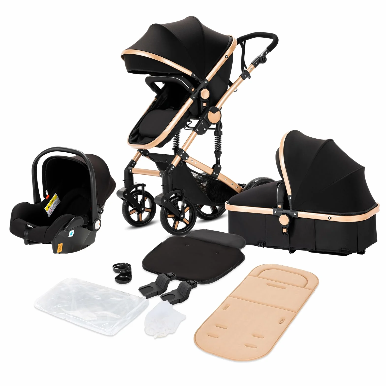 Passeggino 3 in 1 Triciclo Girello Passeggino Alto Carrozzina per Bambini 0-36 Mesi Nero Oro
