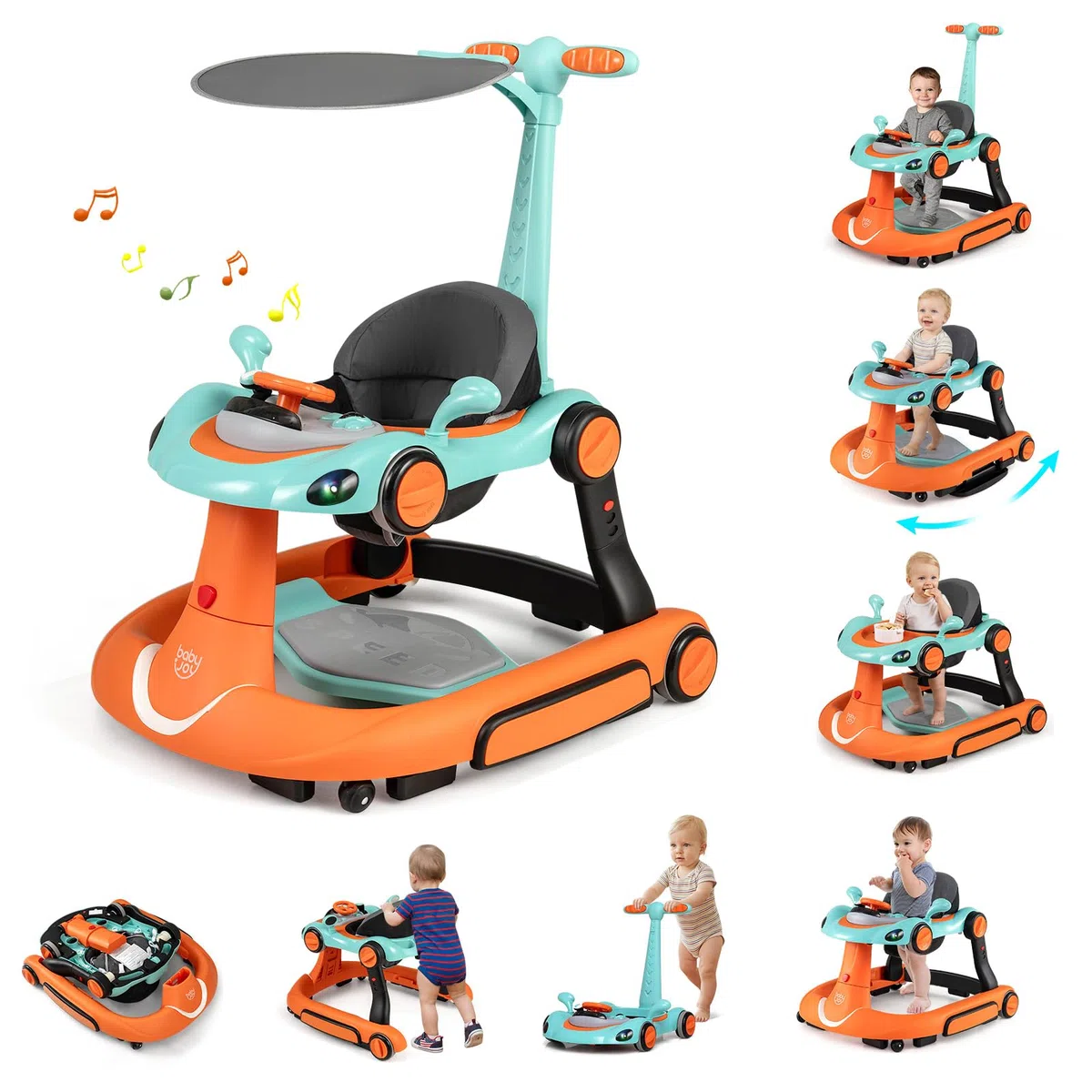 GIANTEX Girello per Bambini 7-18 Mesi 7 in 1, Baby Walker con Tettuccio, Vassoio di Giochi, Carillon, Luci, Primi Passi Piegevole, Altezza e Velocità Regolabili, Carrello da Spinta (Arancione + Verde)