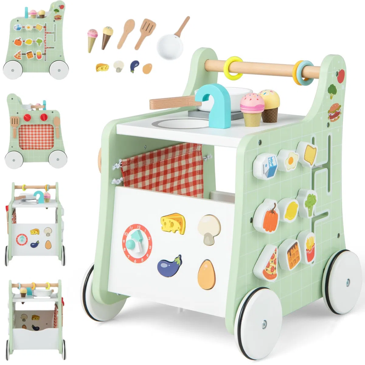 RELAX4LIFE Carrello Primi Passi in Legno 6 in 1, Centro Montessori Cucina con Pannello Attività, 9 Accessori, Vano Portaoggetti, Anti O, per Bambini 1-3 Anni,Legno Naturale + Verde Menta