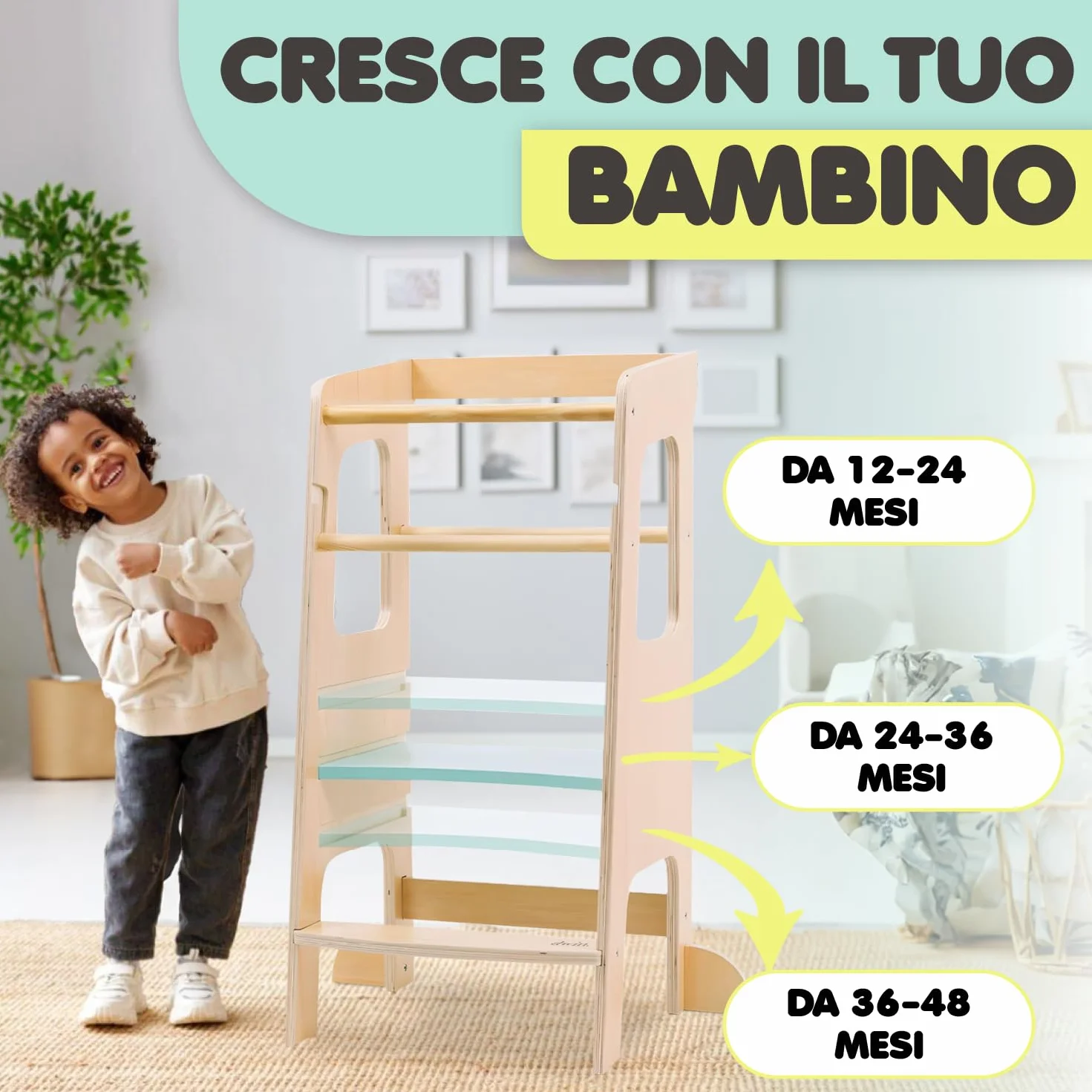 Torre Montessoriana bambini legno naturale 3 livelli Antiscivolo Anti ribaltamento Doppia barra sicurezza CE