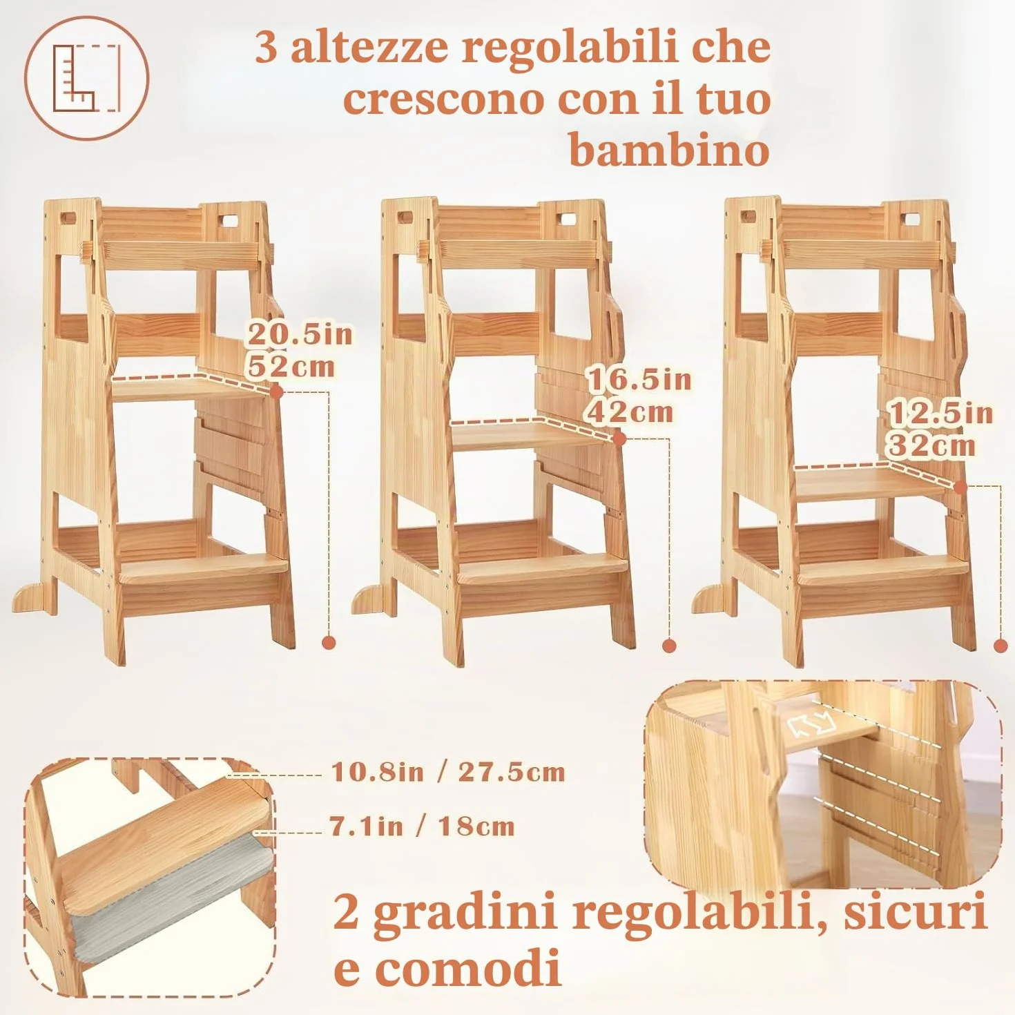 FUNLIO Torre Montessoriana Bambini con Rete Sicurezza, Regolabile 3 Livelli, Torre di Apprendimento