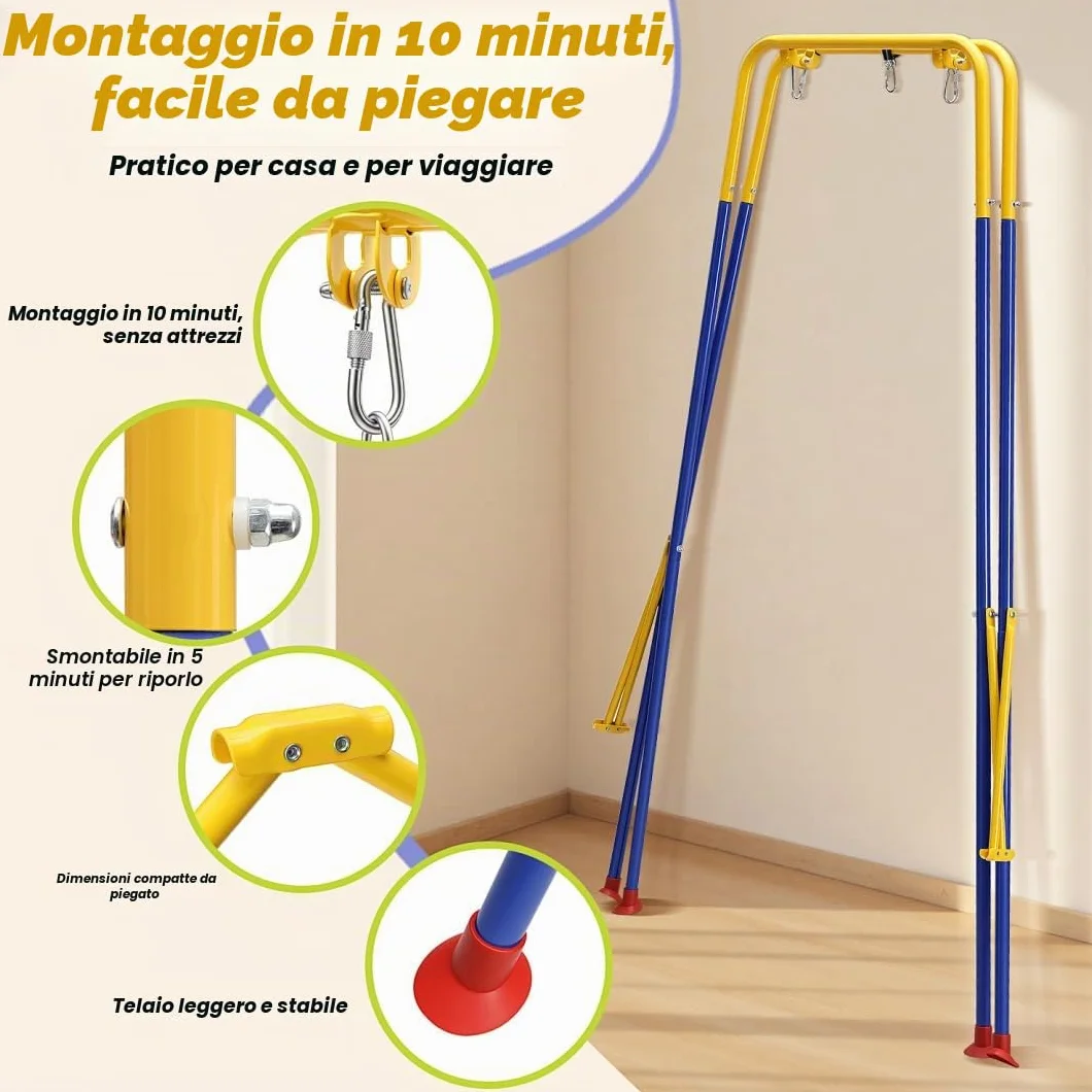 Altalena per bambini, 4 in 1, con telaio – Altalena per bambini, con cintura di sicurezza, pieghevole e 4 sacchi di sabbia, per interni ed esterni, facile da montare