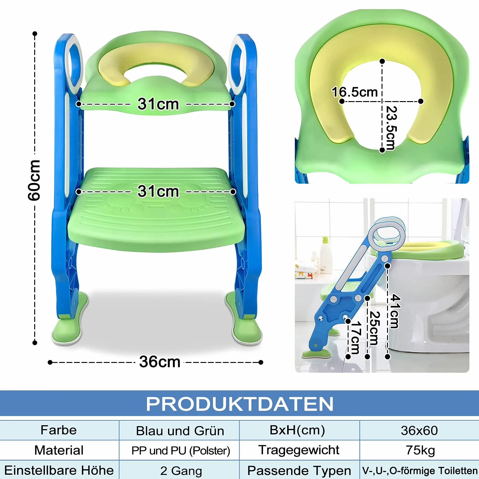 NAIZY Sedia da WC per Bambini con Scala Pieghevole, Regolabile in Altezza, Cuscino Imbottito in PU e Maniglie, Adatta a Bambini da 1 a 7 Anni, Blu e Verde