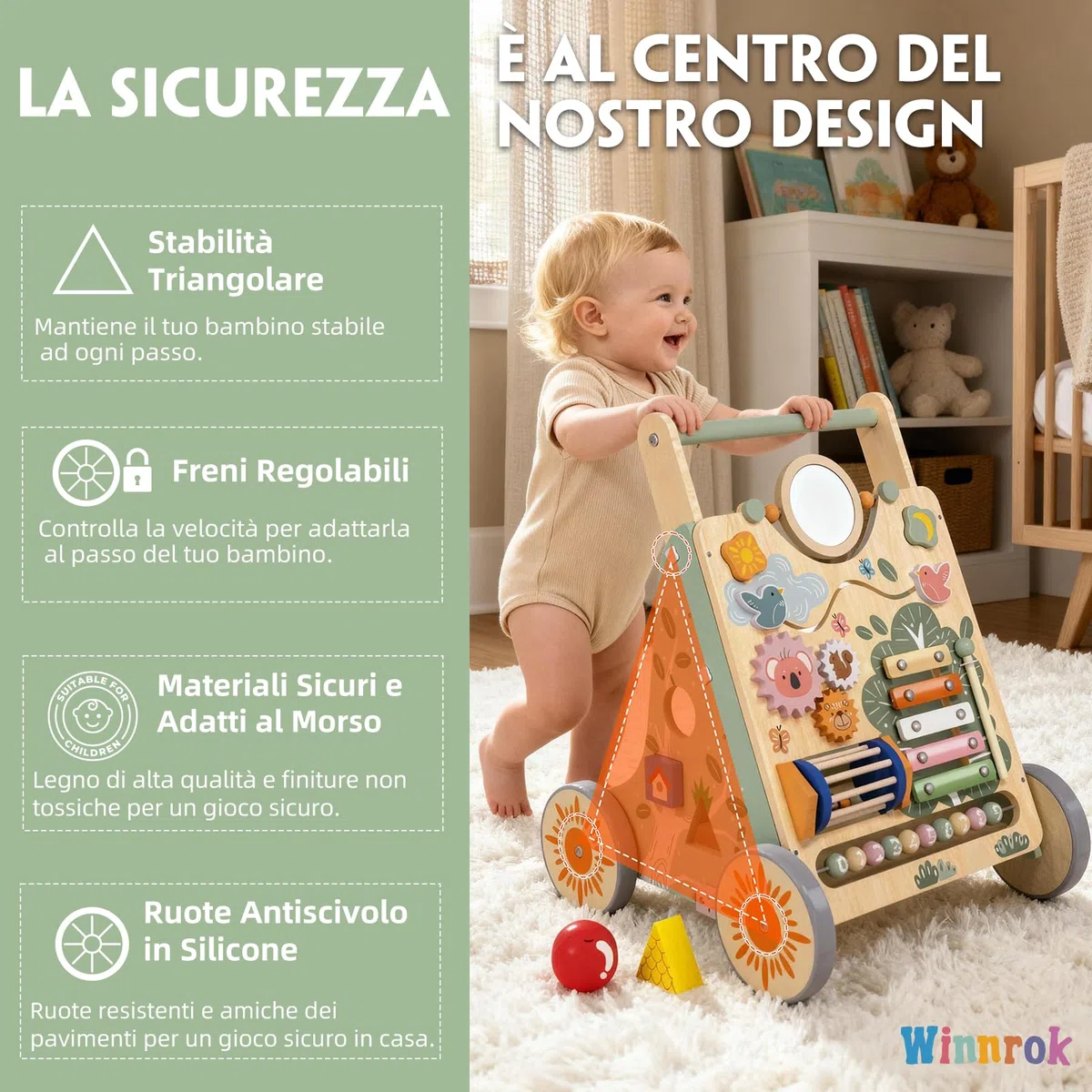 Carrello Primi Passi in Legno, Girello Montessori con Centro Attività, Girello Neonato Altezza e Velocità Regolabili, Perfetto come Regalo di Compleanno o Natale, Girello per Bambini 6-18 Mesi