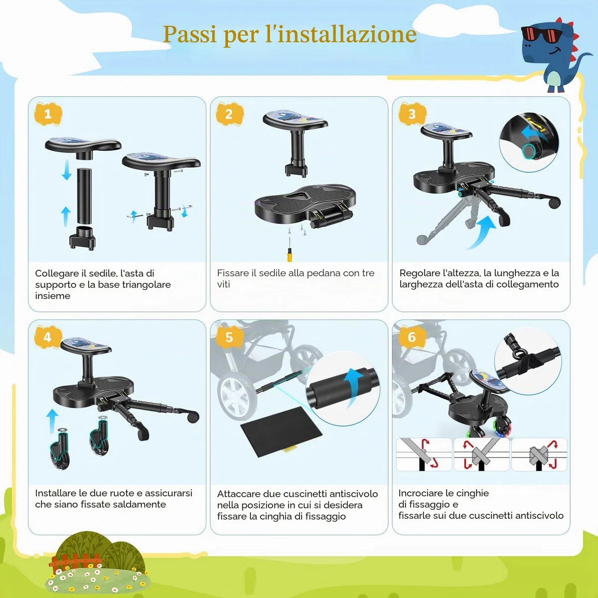 Passeggino con ruote a LED, pedana per passeggino, per bambini da 2 a 6 anni (25 kg), compatibile con il 99% di tutti i passeggini