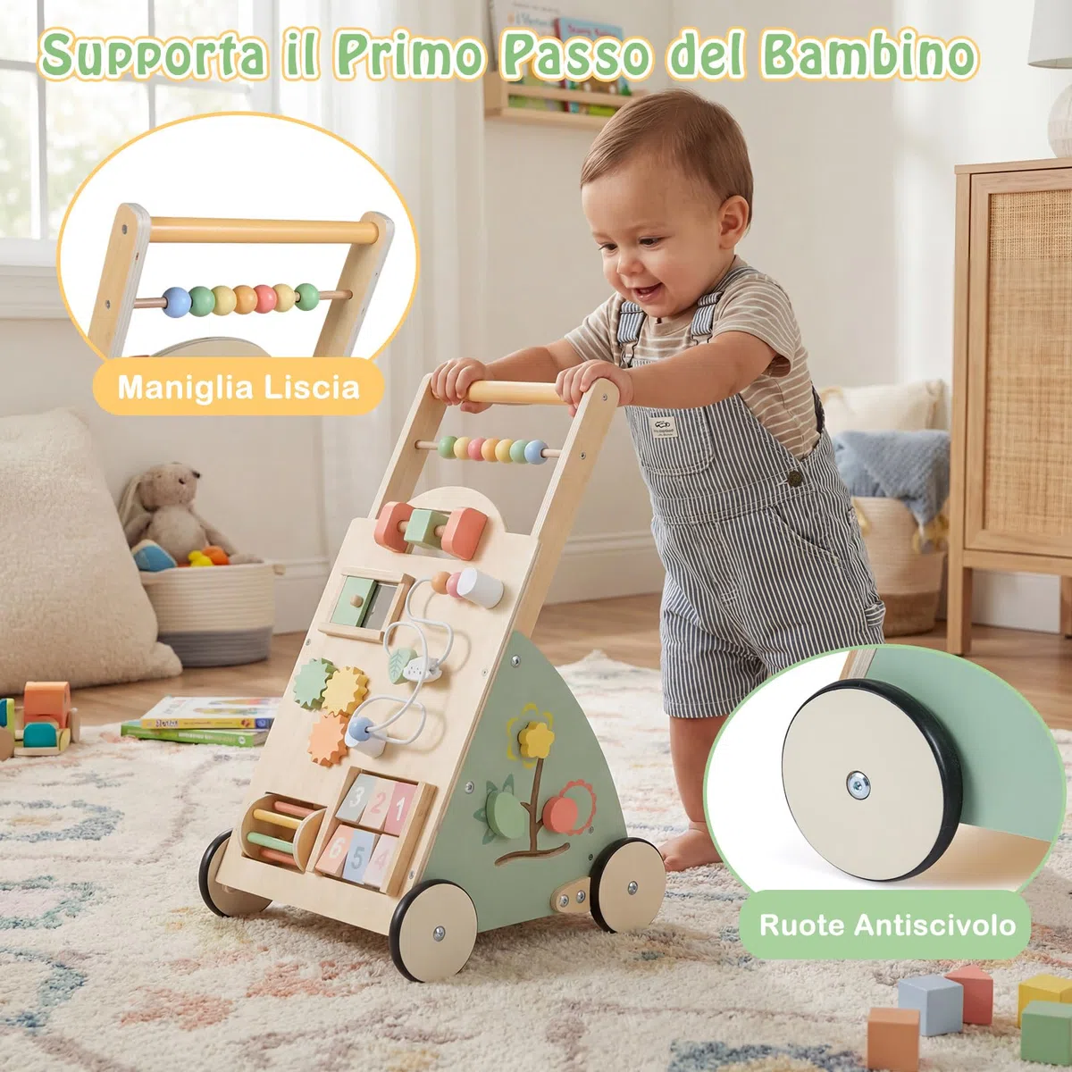 COSTWAY Carello Primi Passi in Legno per Bambini, Girello Montessori con Centro Attività, Ruote e Cestino Portaoggetti, Gioco Educativo per Bambini 12 + Mesi (Modello 5)
