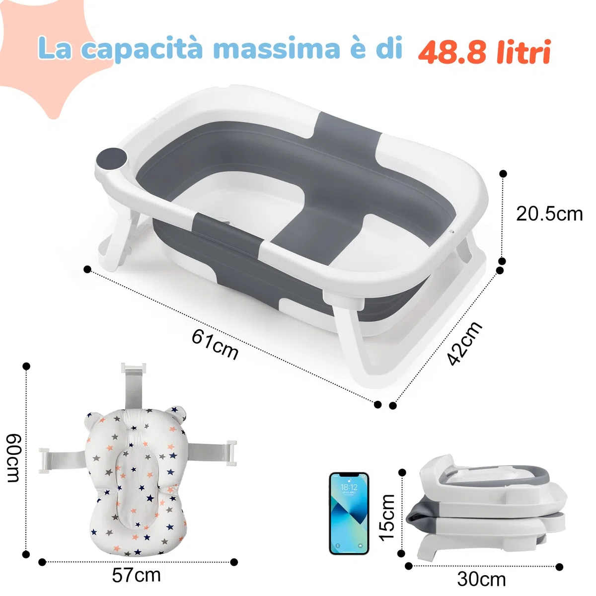 DEANIC Vasca da bagno portatile per neonati da 0 a 12 mesi, non occupa spazio, vasca per bambini (grigio)