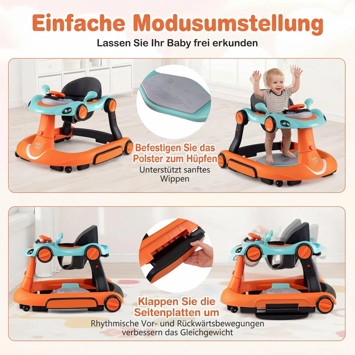 GIANTEX Girello per Bambini 7-18 Mesi 7 in 1, Baby Walker con Tettuccio, Vassoio di Giochi, Carillon, Luci, Primi Passi Piegevole, Altezza e Velocità Regolabili, Carrello da Spinta (Arancione + Verde)