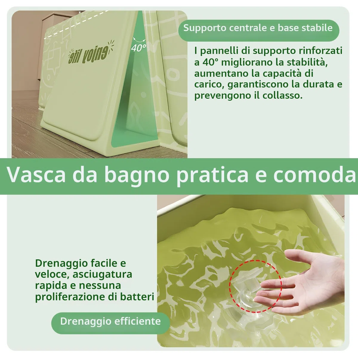 Vasca da Bagno Pieghevole per Bambini, Multiuso e Salvaspazio, Adatta da 0 a 8 Anni, Vaschetta Bagnetto Neonato Pieghevole con Tappo di Scolo, Vasca da Bagno Portatile per Bambini (Verde)