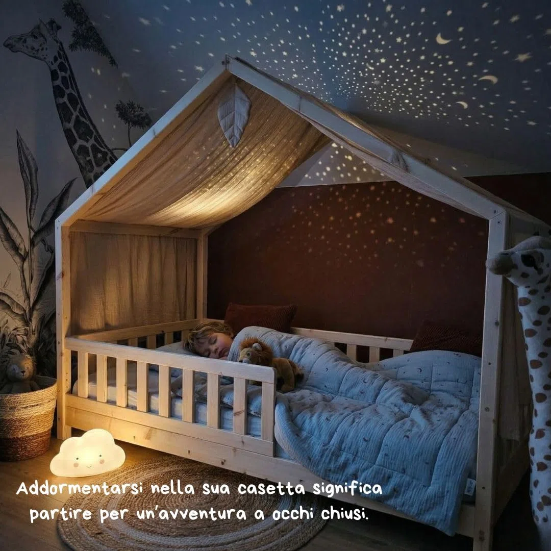 Tenda Letto Bambini Cotone Bio Beige, 100 x 350 cm, Tenda Letto Montessori, Set di decorazioni per la cambretta dei bambini con elementi decorativi e foglia inclusa