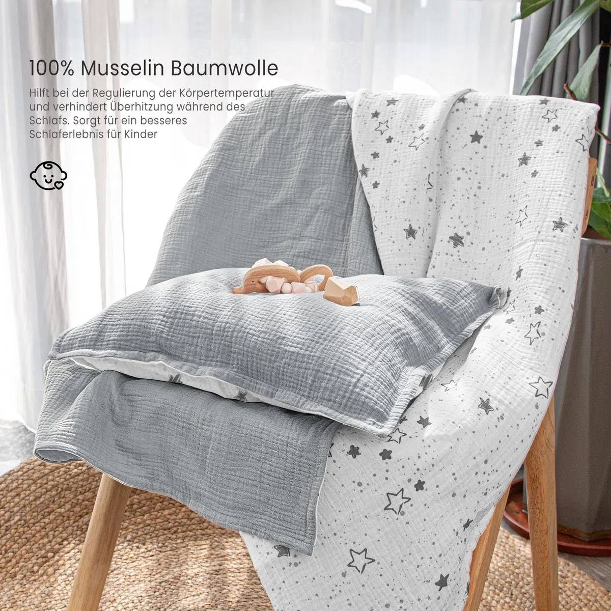 lulumoon - Set biancheria da letto per bambini in mussola, 100 x 135 cm: copripiumino 100 x 135 + federa 40 x 60 cm in cotone Oeko-TEX Standard – Set biancheria da letto leggero e confortevole per