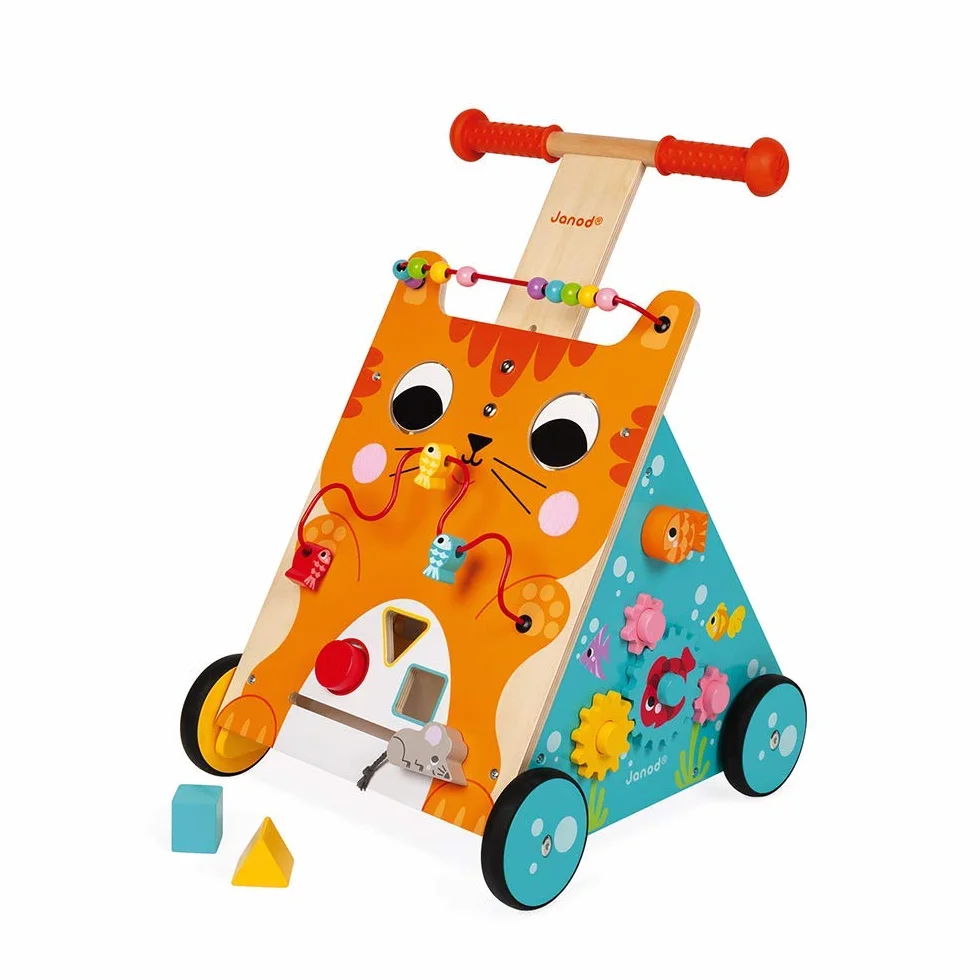 Janod - Carrello Multi-attività Gatto in Legno - Spingitore Evolutivo con Freno e Maniglia Regolabile - Apprendimento della Camminata - A Partire dall'anno, J08005, Multicolore