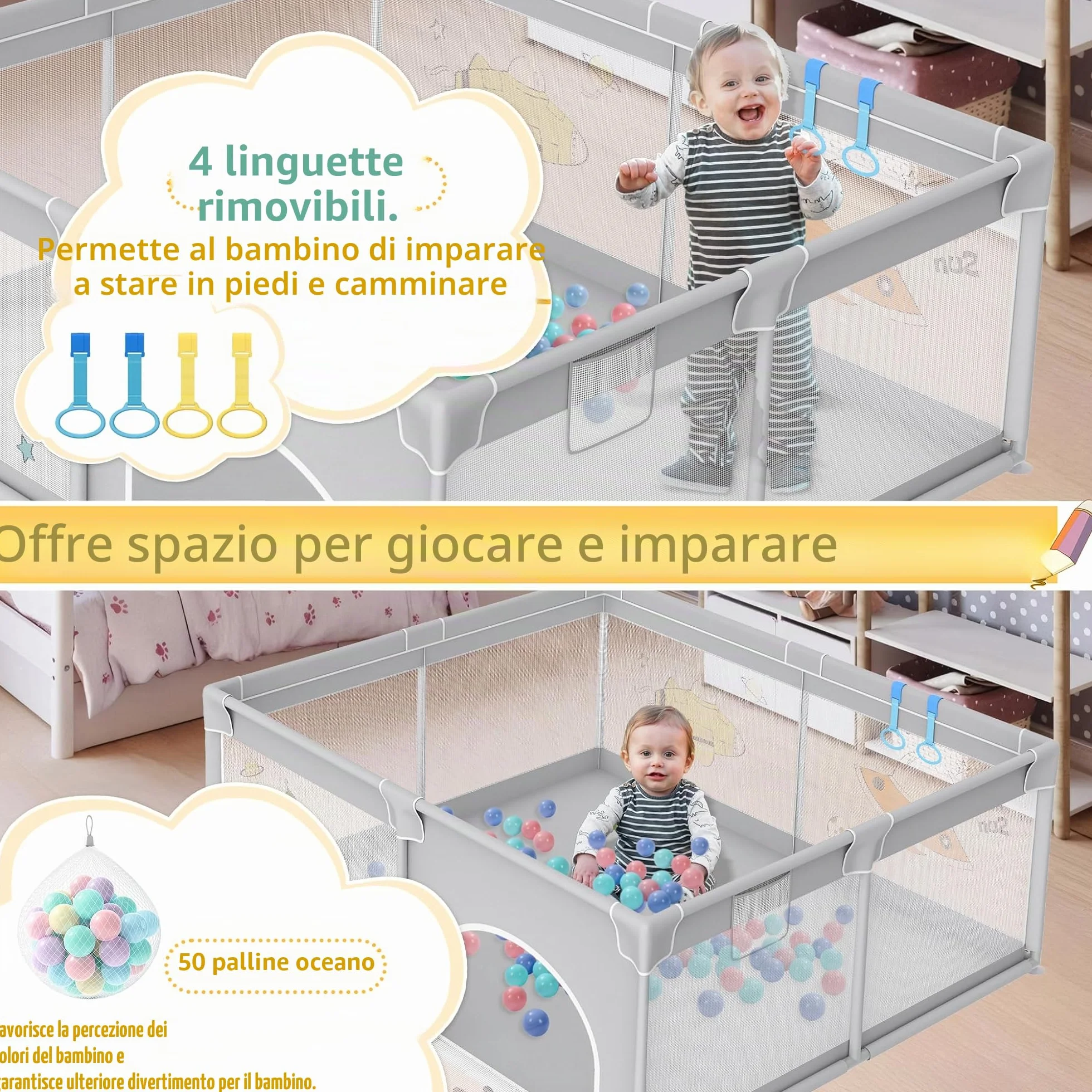 UISEBRT Box per bambini, 180 x 200 cm, con 50 palline oceaniche e 4 anelli e borsa per il trasporto, pieghevole, con rete traspirante, per bambini, grigio con motivi astronauti