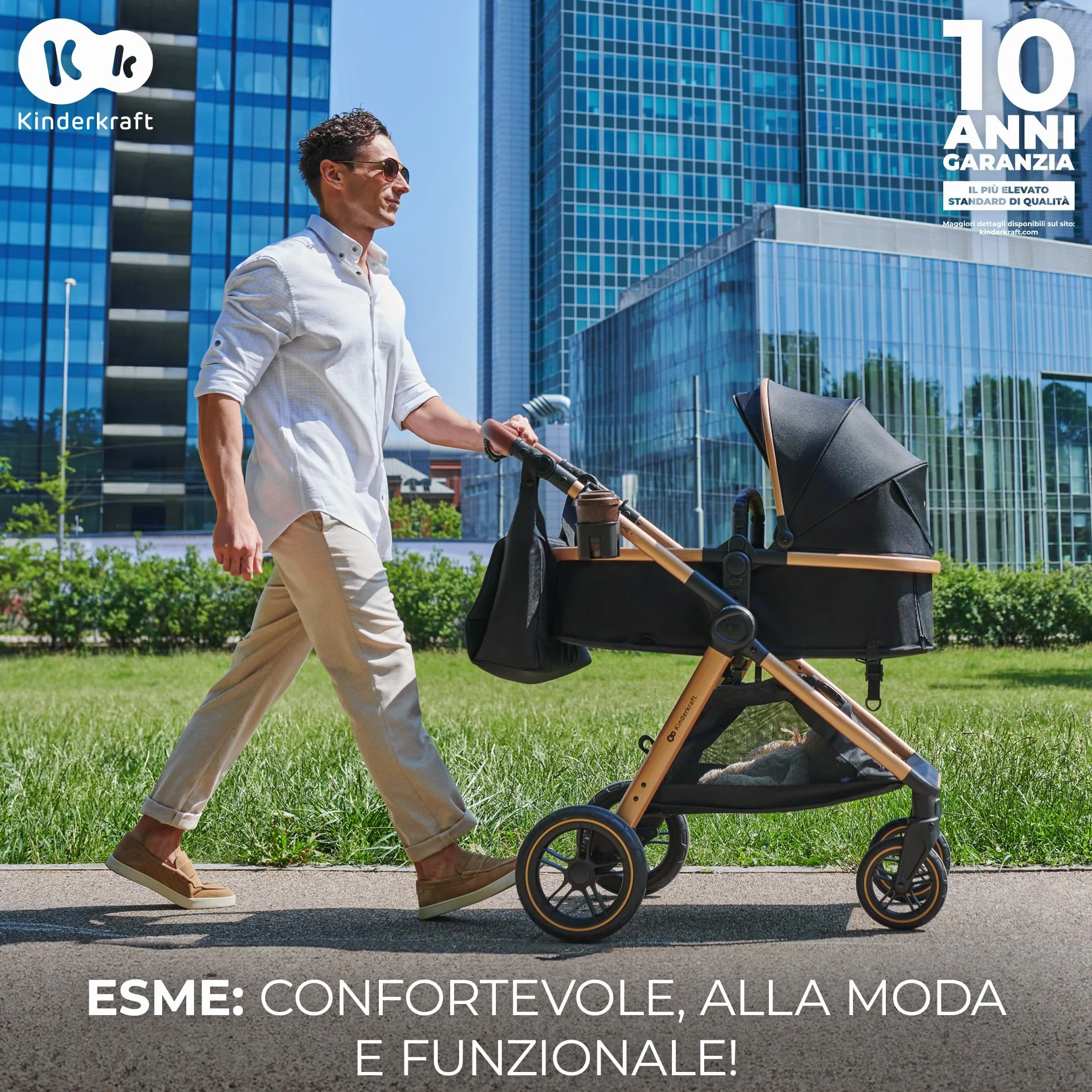 Kinderkraft ESME Trio passeggino neonati 3 in 1 fino 26 kg, Ovetto I-SIZE 40-75 cm, Carrozzina reversibile, Pieghevole, Beige