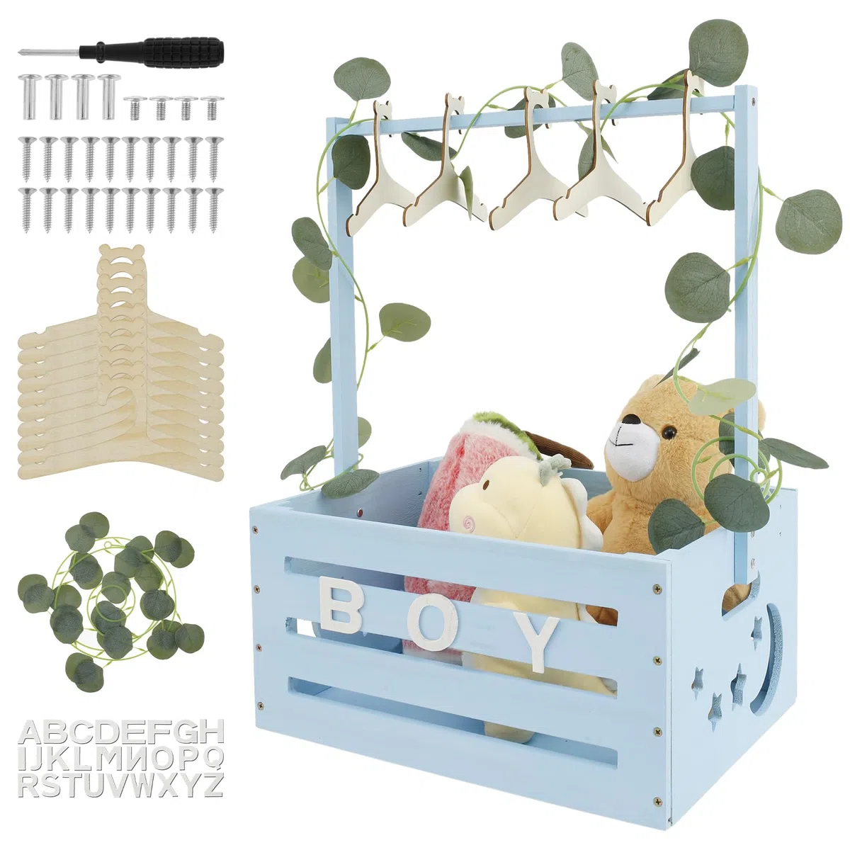 Armadietto per baby shower, cestino in legno con 10 ganci e ghirlanda verde, cassa con manico, appendiabiti in legno per neonati, ragazze, ragazzi, gravidanza, regalo per neo-genitori (blu)