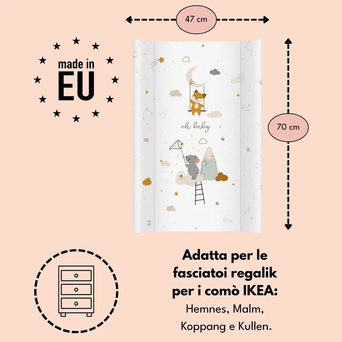 Materassino fasciatoio 70x47 cm, bianco con topolino – lavabile e morbido, bordi sagomati per sicurezza – cuscino fasciatoio per cassettiera – materassino cambio neonato con imbottitura comfort