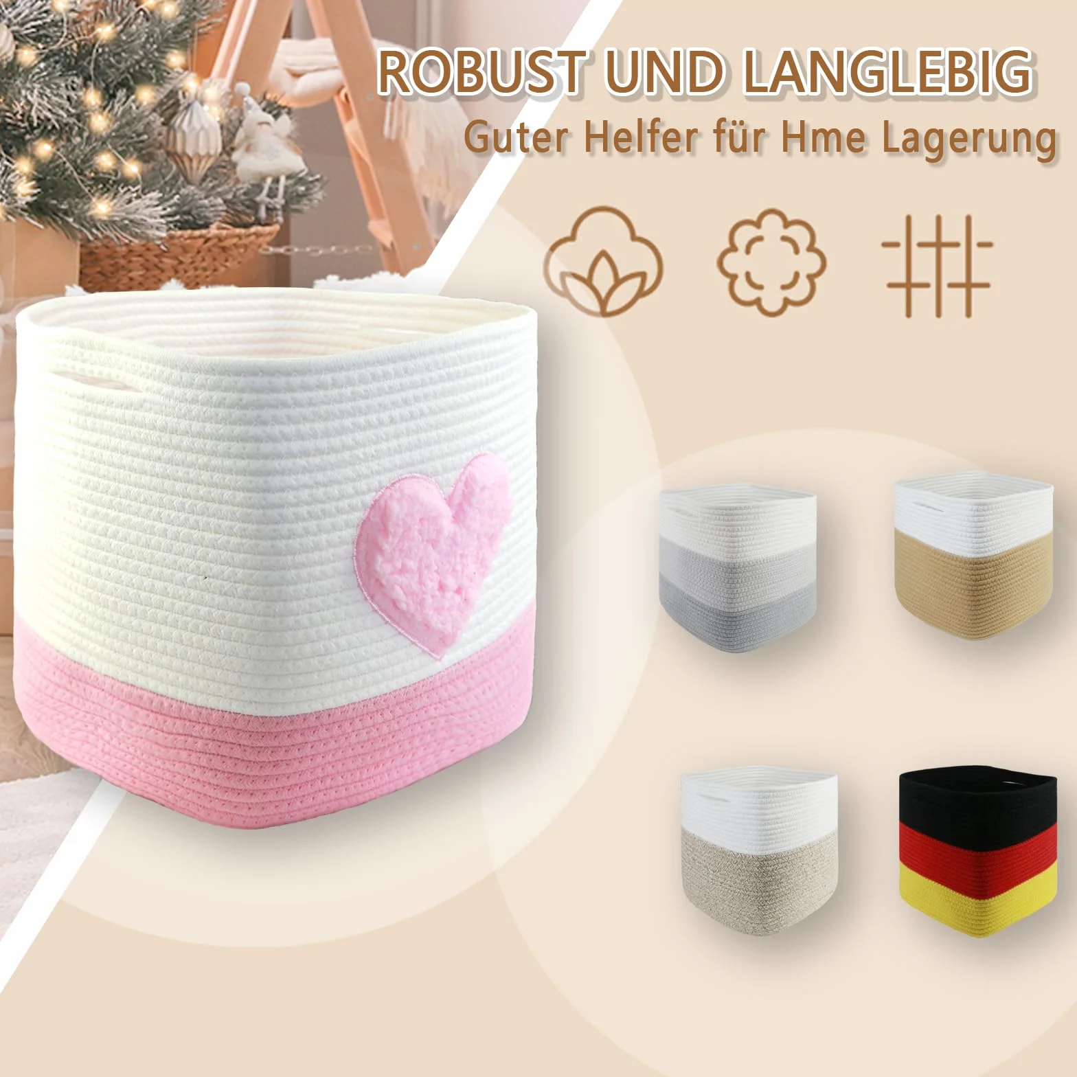 Cestini portaoggetti, 28 x 28 x 28 cm, quadrati intrecciati in corda di cotone, piccoli cestini intrecciati per la selezione, per cameretta dei bambini, uffici, decorativi. (set da 2, cuori rosa)
