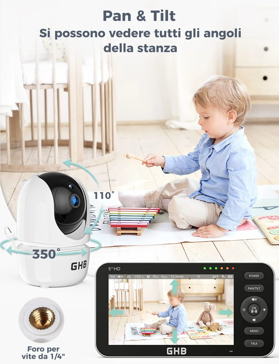 GHB Baby Monitor Video e Audio Videocamera Schermo 5'' 350°/110° Comunicazione Bidirezionale VOX Visione Notturna Monitoraggio Temperatura
