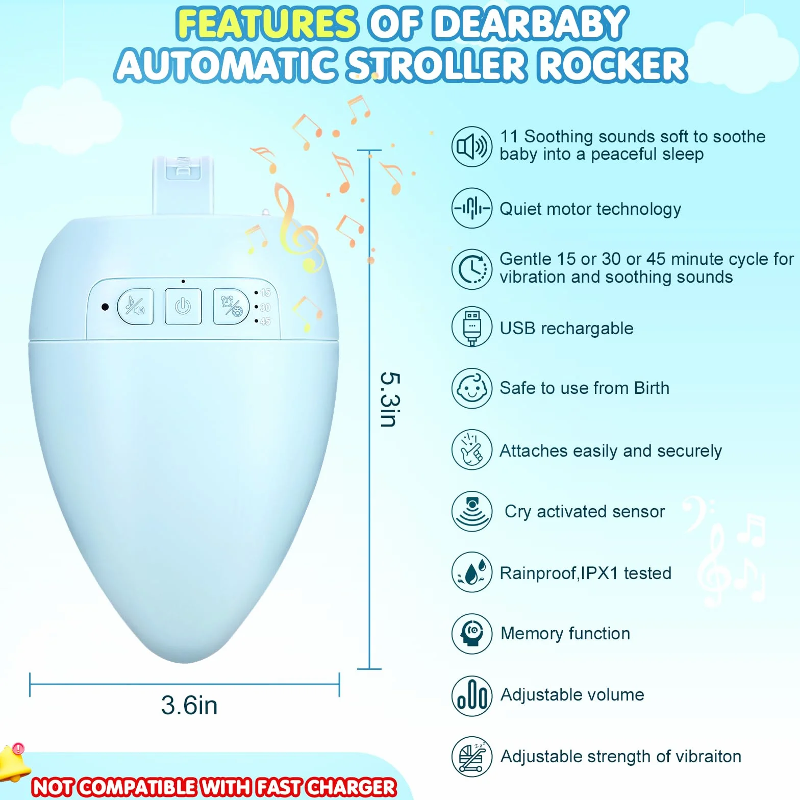 Passeggino a dondolo ricaricabile, 11 suoni lenitivi con sensore attivato dal pianto, velocità regolabile con timer di 15,30,45 minuti, si adatta a tutti i passeggini e carrozzine Crea un buttafuori