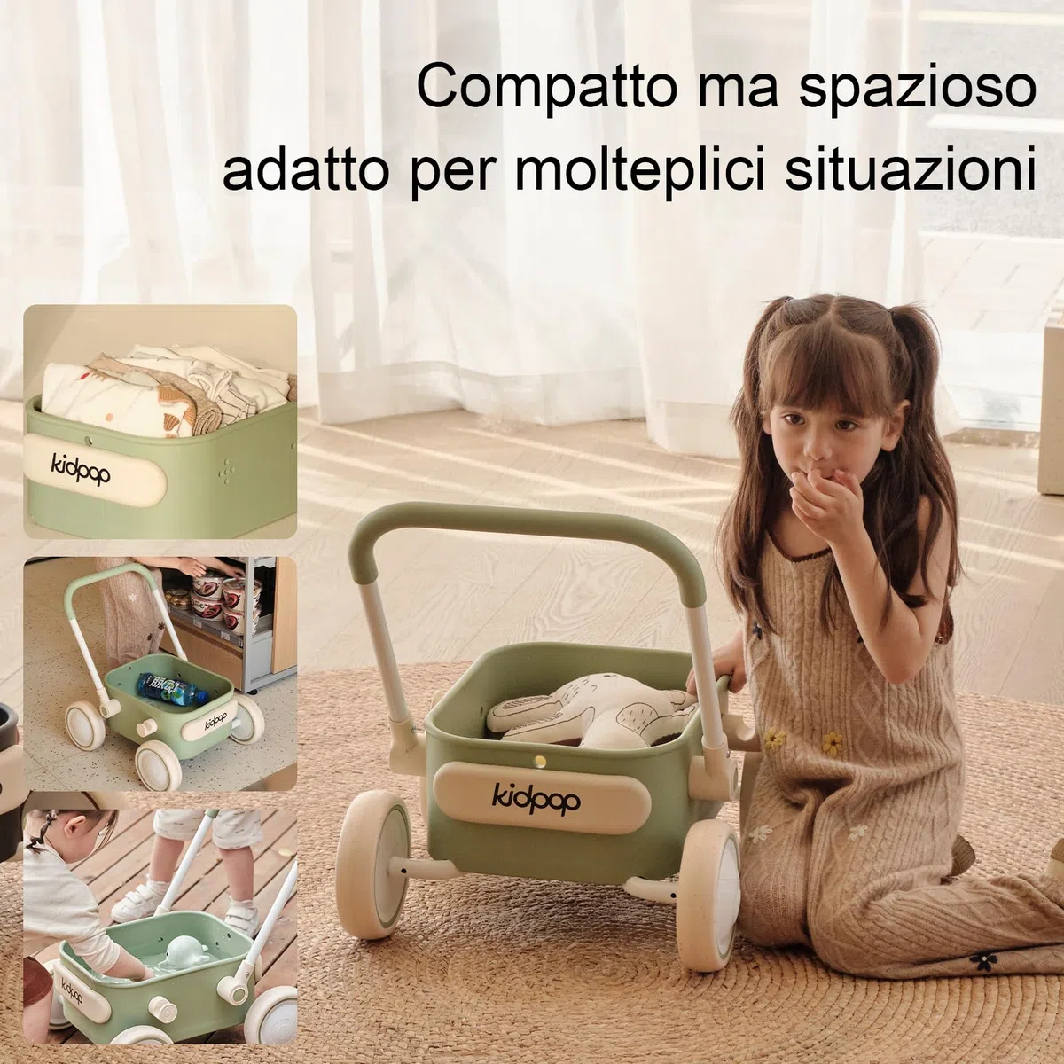 Kidpop PULA girello per bambini 6-18 mesi, carrello con ruote portatutto, carrello portaoggetti multiuso per bambini, gadget compleanno bambini, portata 15 kg (Verde)