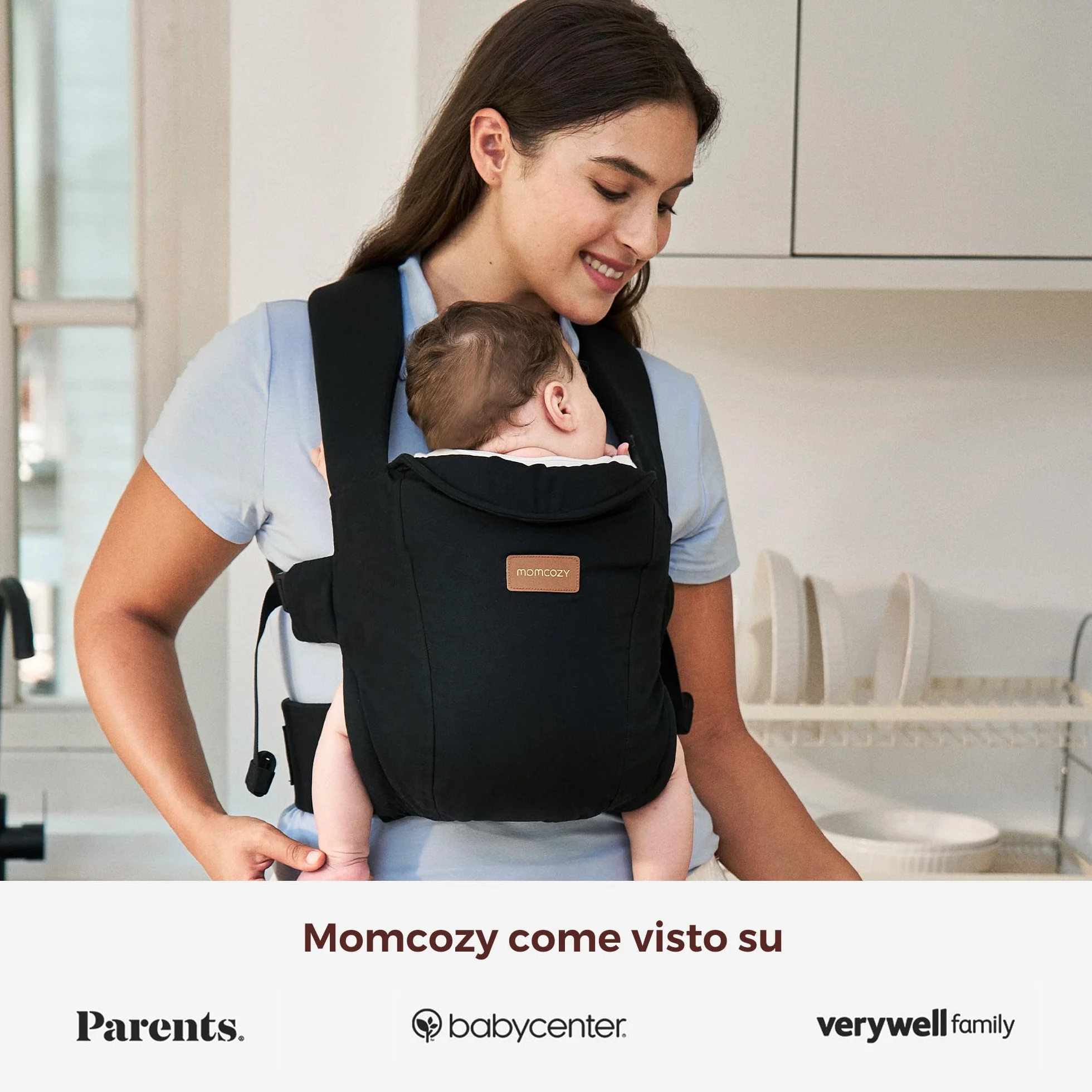 Momcozy Marsupio Porta Bebè per Neonati, Seduta Regolabile con Scala sulla Cintura, Supporto Collo, Chiusura con Anello di Sicurezza, 3,2–11 kg, Nero