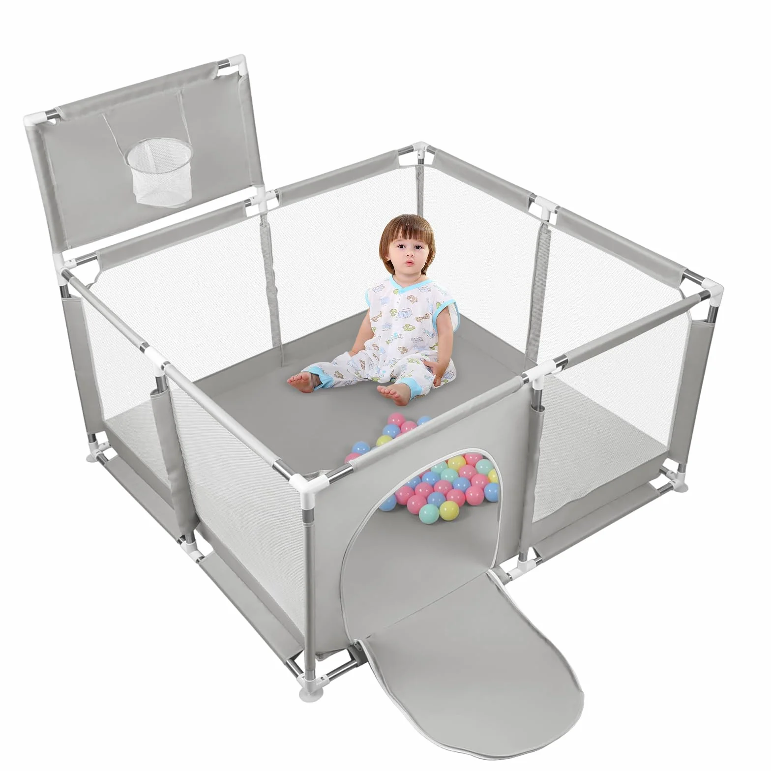 Box con porta a cerniera per bambini con ventose 126 x 126 x 66 cm grigio chiaro 50 palline