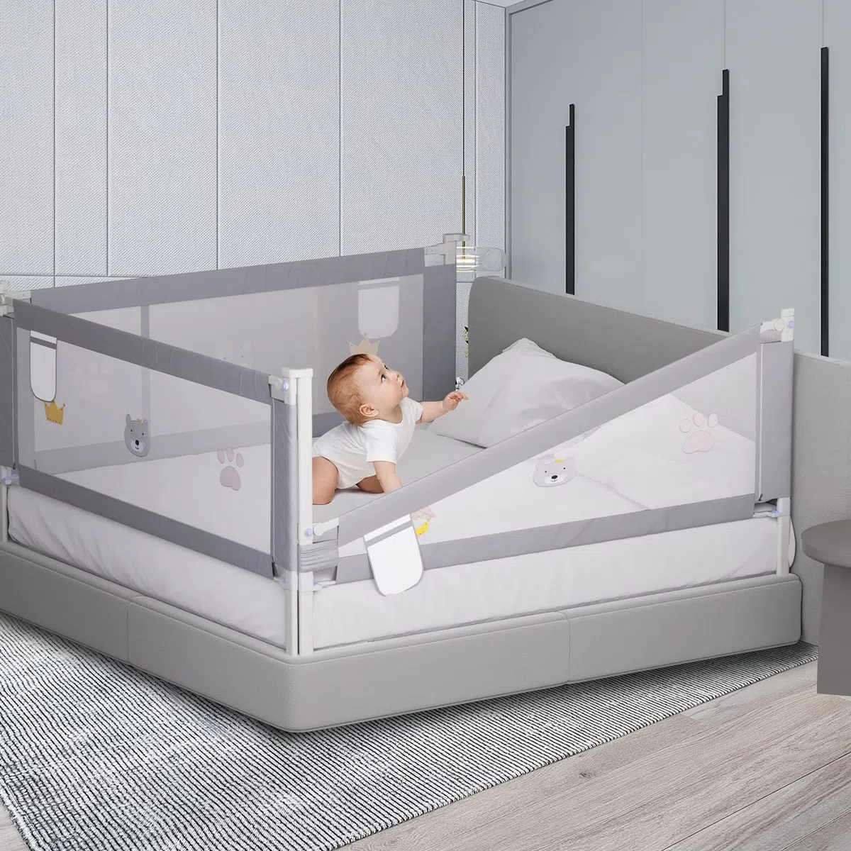 Ikodm - Griglia di protezione per letto 2X 200 cm e 1X 180 cm, griglia di protezione per letto con altezza regolabile da 70-98 cm, protezione anticaduta per letto, griglia di protezione per lettino