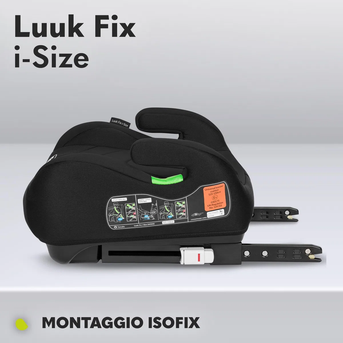 LIONELO Rialzo Auto per bambini LUUK FIX I-Size, Facile Installazione ISOFIX o/e cintura, 125-150 cm 22-36kg Leggero, Comodo, Indicatori, Schiuma Adattiva, Traspirante Lavabile, Car Booster, Braccioli