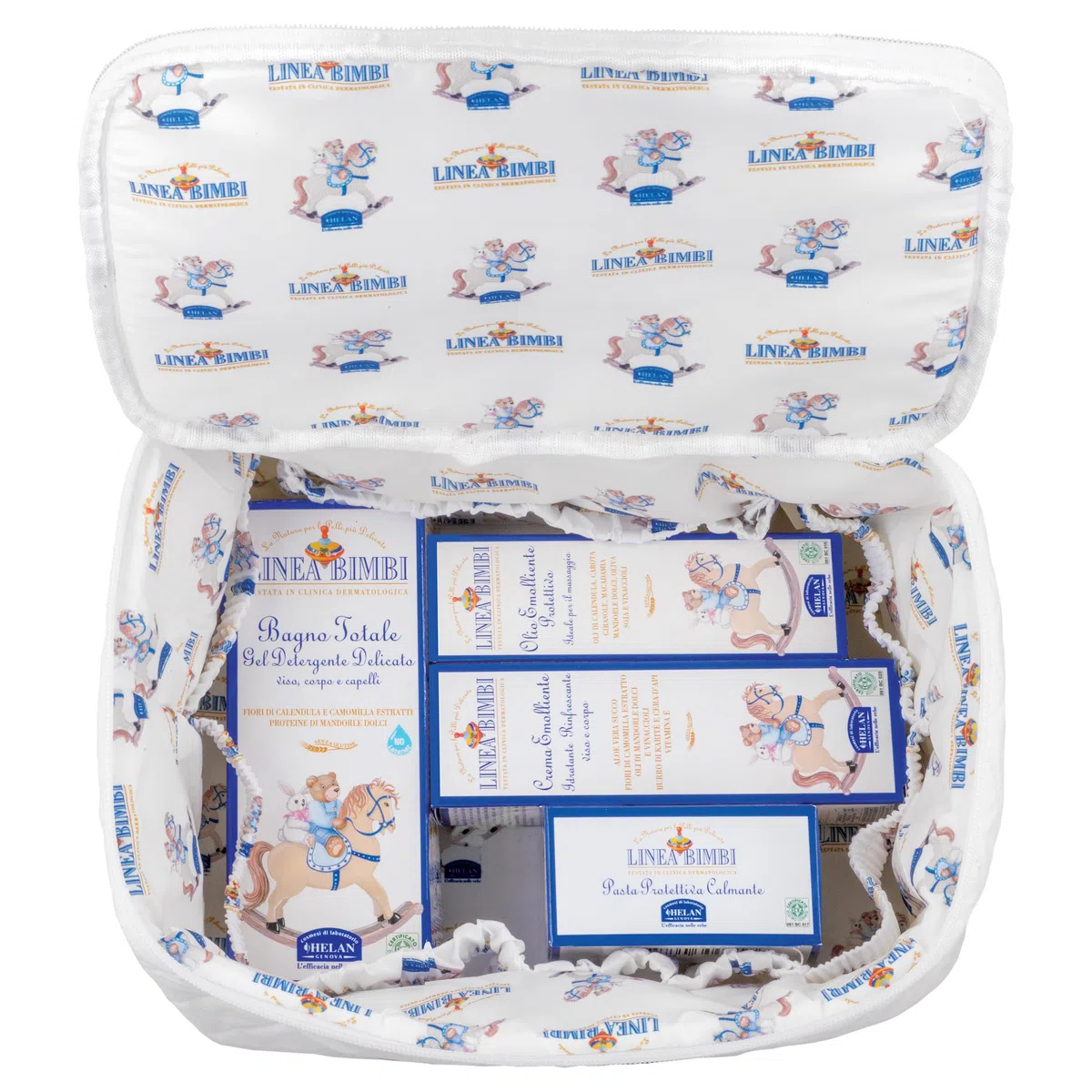 Helan, Linea Bimbi - Set Bagnetto Neonato, Beauty Case Neonato Kit Nascita Igiene con Crema Corpo Idratante, Bagnoschiuma Shampoo, Crema Cambio Pannolino e Olio Corpo, Prodotti Bagno per Idee Regalo