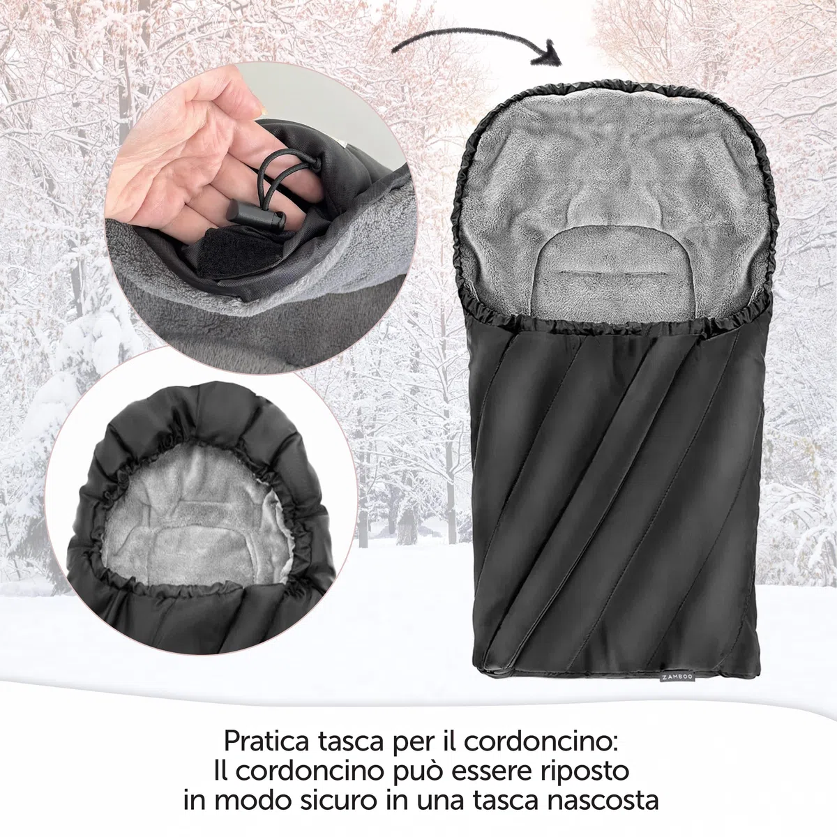 Zamboo Sacco Invernale Ovetto Universale/Sacco Nanna Ovetto Invernale in Thermo Pile, con Fessure per Cintura a 3 o 5 Punti, Con Borsa - Nero