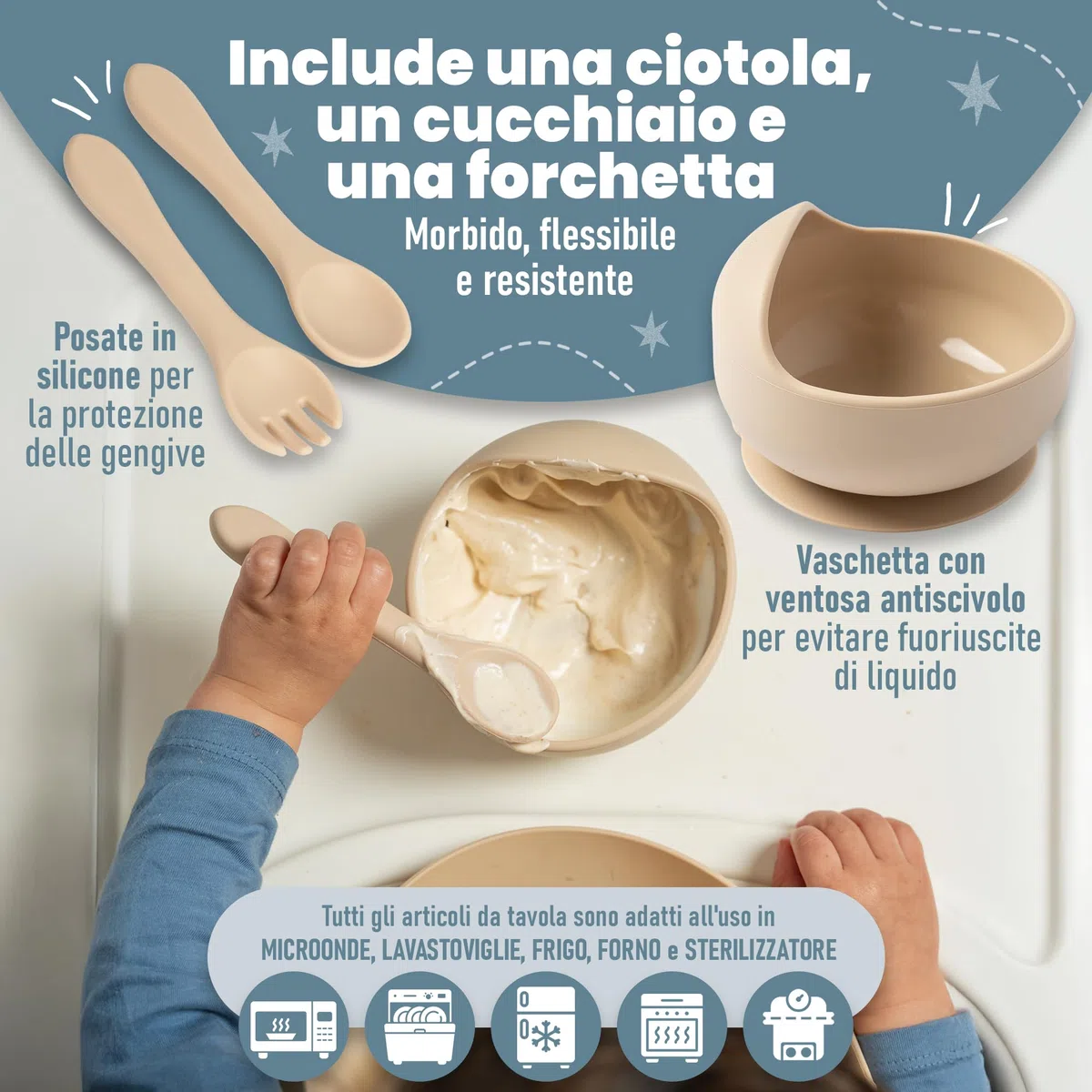 Set Pappa Svezzamento - Set Svezzamento Prima Pappa - Set Svezzamento Neonati - Set Neonato - Cucchiaino Svezzamento con serbatoio dosatore e Ciuccio per Frutta Neonati incluso - Piatto Svezzamento