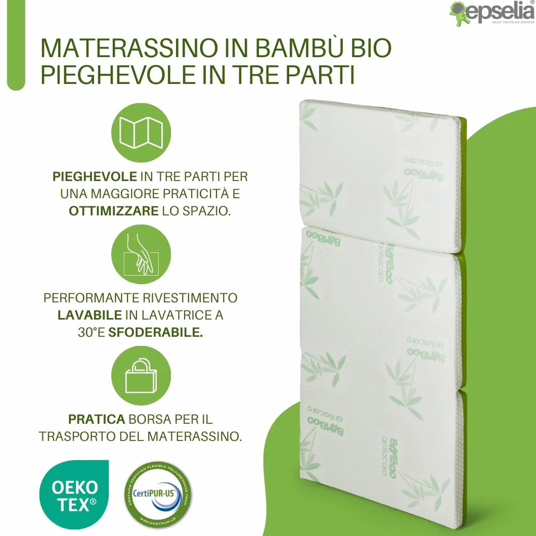 EPSELIA Materasso Lettino per Bambini Pieghevole BAMBU' BIO con Borsa per Viaggio o Campeggio, cm 60x120 H6 Certificato Antisoffoco EN16890:2017 Poliuretano con Fori CertiPUR™ OEKO-TEX®