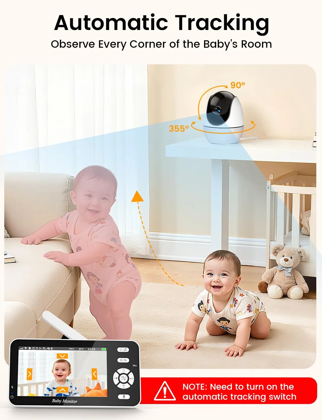 BURNNOVE Baby Monitor Video e Audio WiFi 4,3 Pollici IPS 3500mAh Batteria VOX Luce Notturna Rilevamento Temperatura