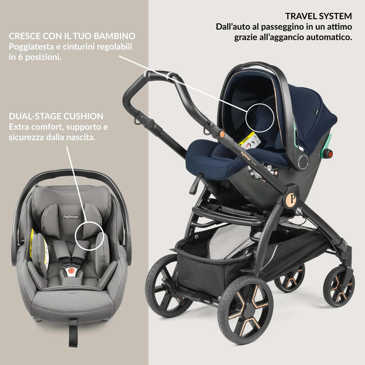 PEG Book Modular Passeggino Trio Neonati 0-4 Anni, Reversibile, Navicella, Seggiolino Auto i-Size, Mercury