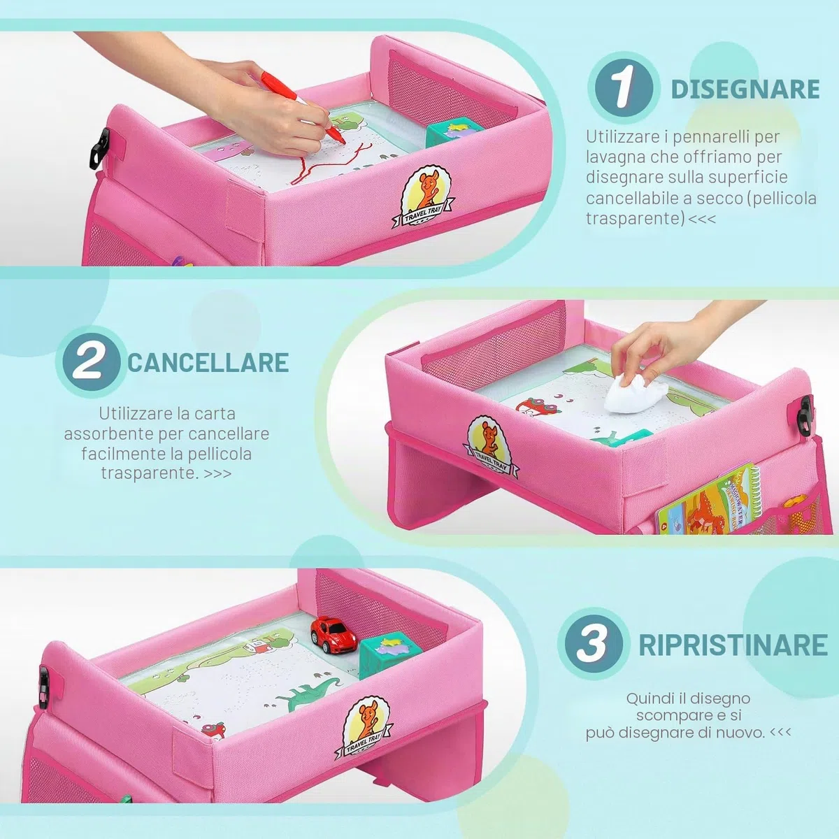lenbest Vassoio da viaggio, Apprendimento al coperto Gioco educativo Gioco da tavolo con piano cancellabile a secco - 6 penne e 5 carte da disegno - Vassoio multifunzione per ragazze maschi (Rosa)