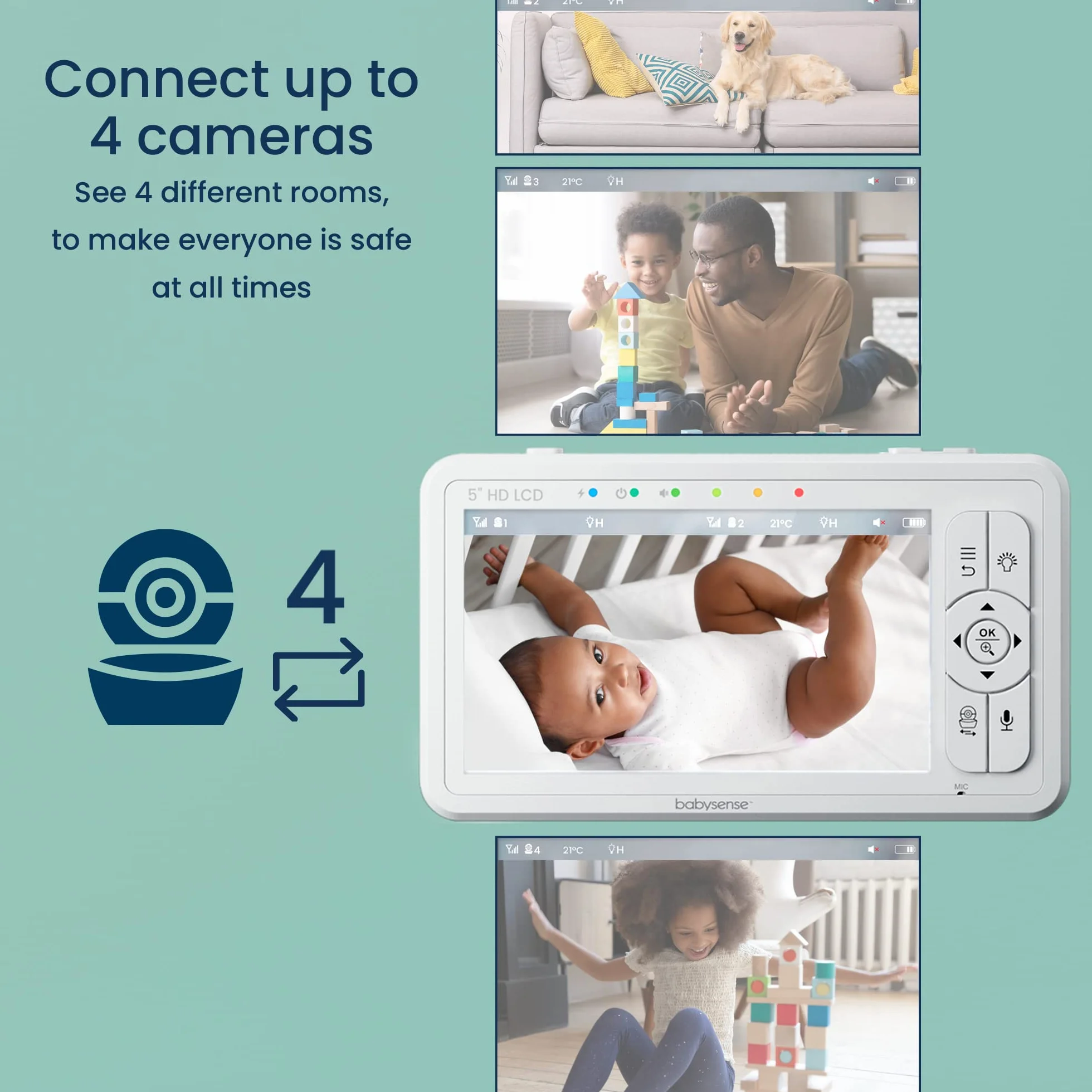 Babysense HDS2 - Monitor video per bambini con fotocamera e audio, baby phone 5" HD 720p, senza WiFi, luce notturna regolabile, portata estesa, audio bidirezionale, zoom 4X, visione notturna, batteria