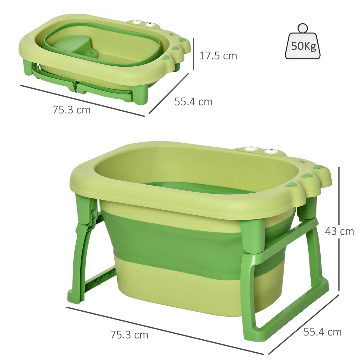 HOMCOM Vaschetta Bagnetto Neonato Pieghevole con Supporto Antiscivolo, Vaschetta da Bagno Portatile per Neonati e Bambini di 0-6 Anni con Foro di Scarico, 75.3x55.4x43cm, Verde