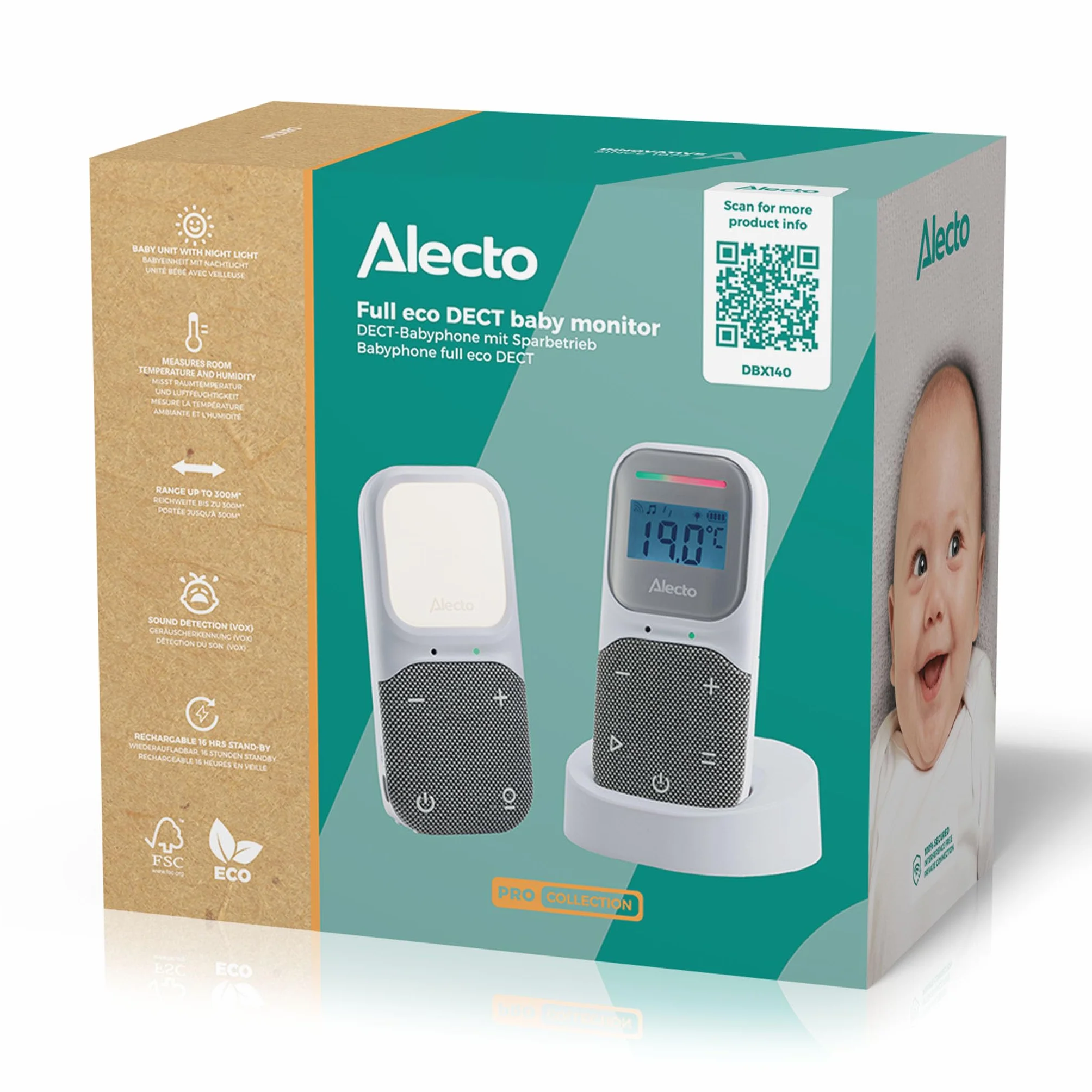 Alecto DBX140 Moderno baby monitor Full Eco Audio DECT display luce notturna Bianco Grigio