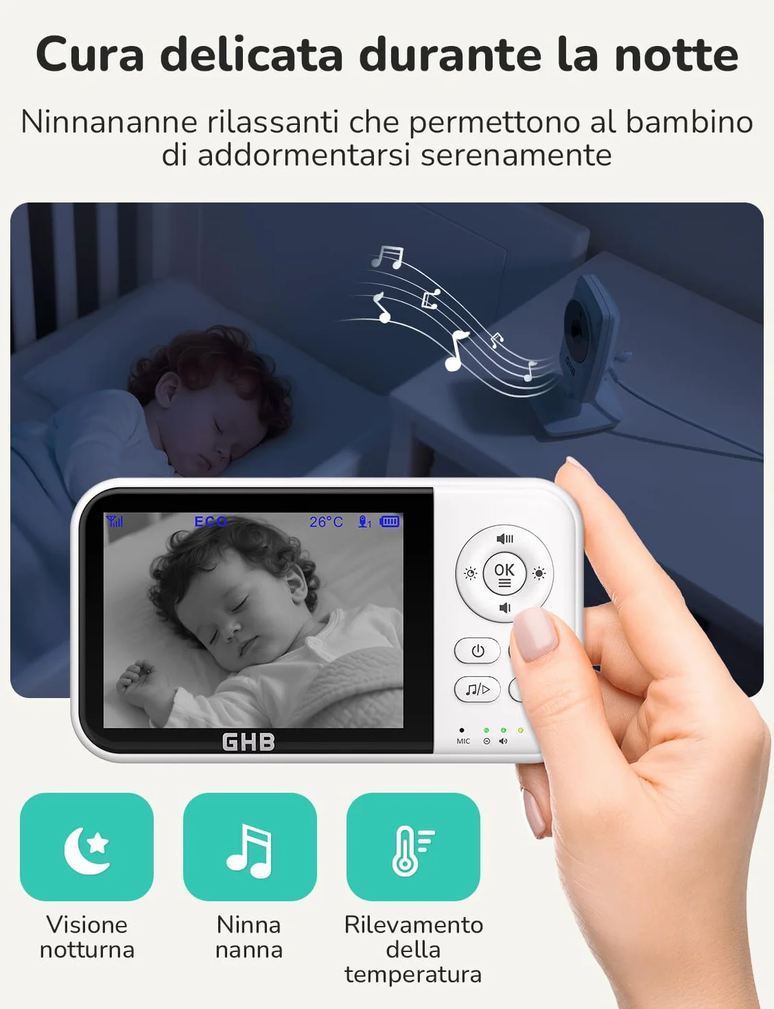 Baby Monitor con Telecamera 3.2'' 2100mAh Visione Notturna VOX Rilevamento Temperatura Interfono Bidirezionale