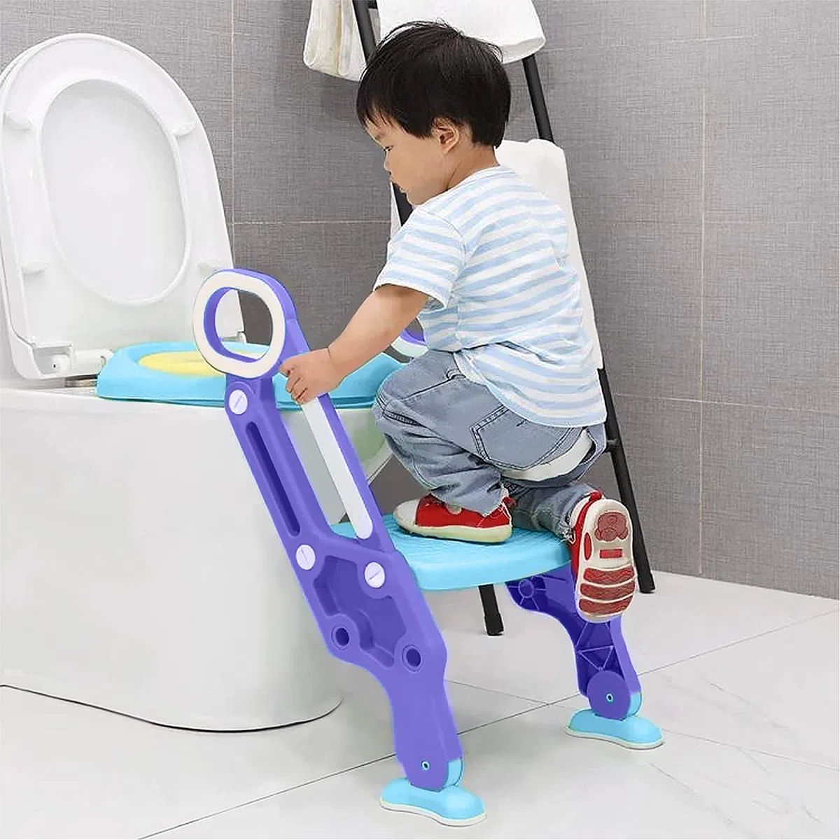 ACXIN Sedile WC per bambini con scale, vasino pieghevole, addestratore per WC regolabile con cuscino in poliuretano e maniglia, vasino per bambini, blu e viola