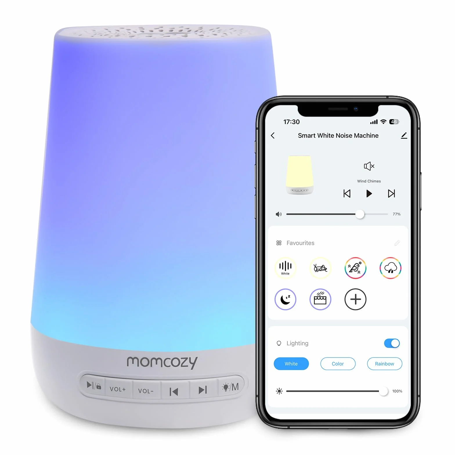 Momcozy Macchina del Rumore Bianco,Macchina del Suono per Bambino Adulto,34 Suoni Lenitivi,White Noise Machine Luce a 7 Colori,Macchina Rumore Bianco Telecomando APP, Funzione di Temporizzazione