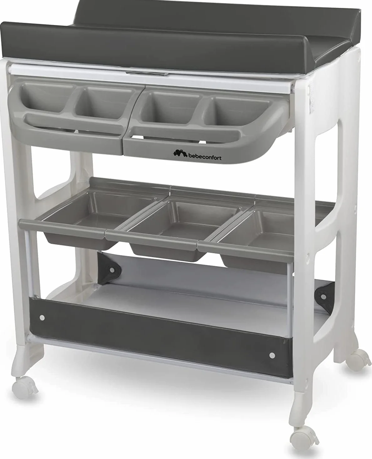 Bebeconfort Dolphy Fasciatoio 2 in 1 con Vaschetta Bagnetto, 0-12 Mesi (max 11kg), Ruote, Cassettiera, Grey Mist