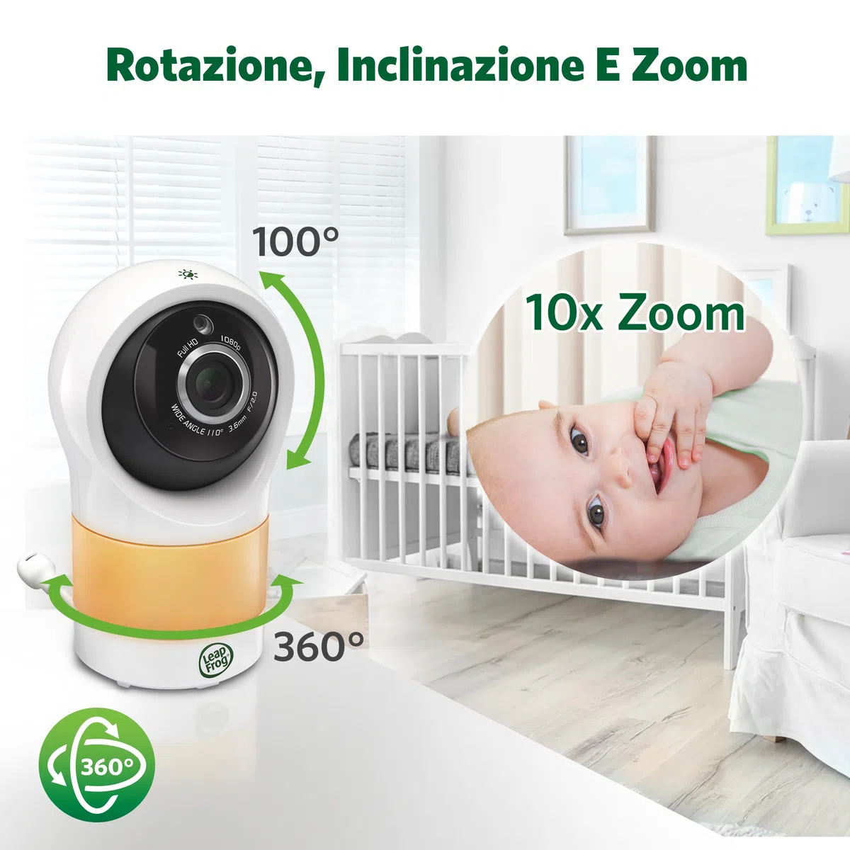 LeapFrog LF1911 Baby Monitor con video in 1080HD,App gratuita con rilevamento del movimento e del rumore,visione notturna a colori,modalità privacy,telecomando dello zoom a inclinazione di rotazione
