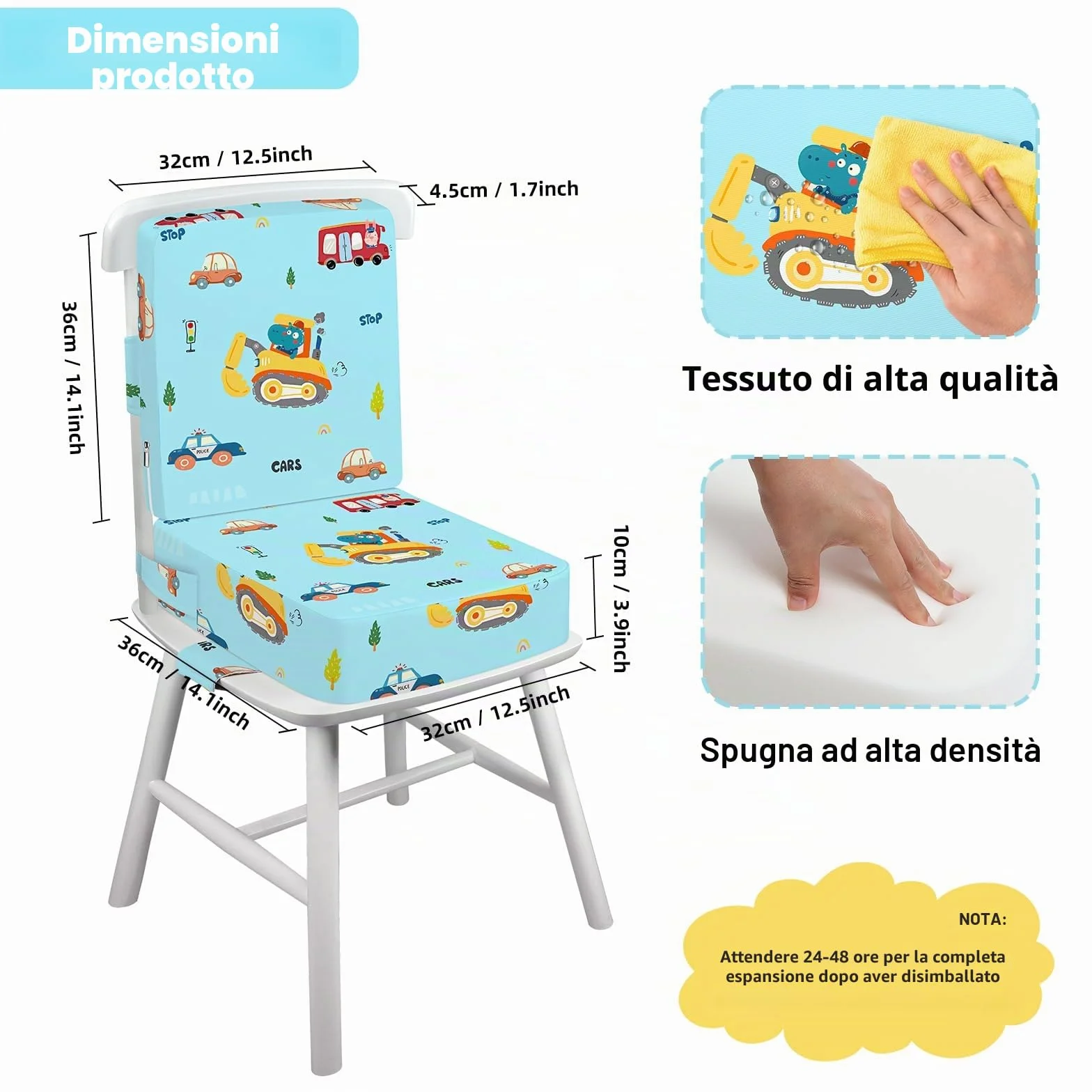 Rialzo Sedia per Bambini 2 Pezzi, PU Portatile Alzasedia da Tavolo, Cuscino Sedia con Cinghie Regolabili, 36x32x10cm, Escavatore
