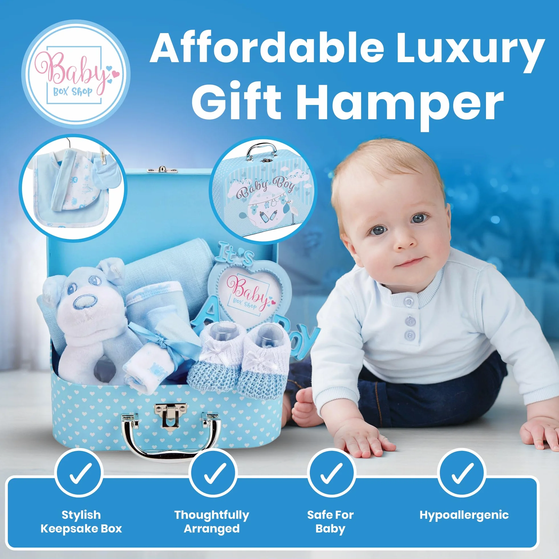 Baby Box Shop Cofanetto nascita per bambino con regali per bambini, con sonaglio per bambini, cornice portafoto in chiffon, bavaglino paio di calzini e guanti